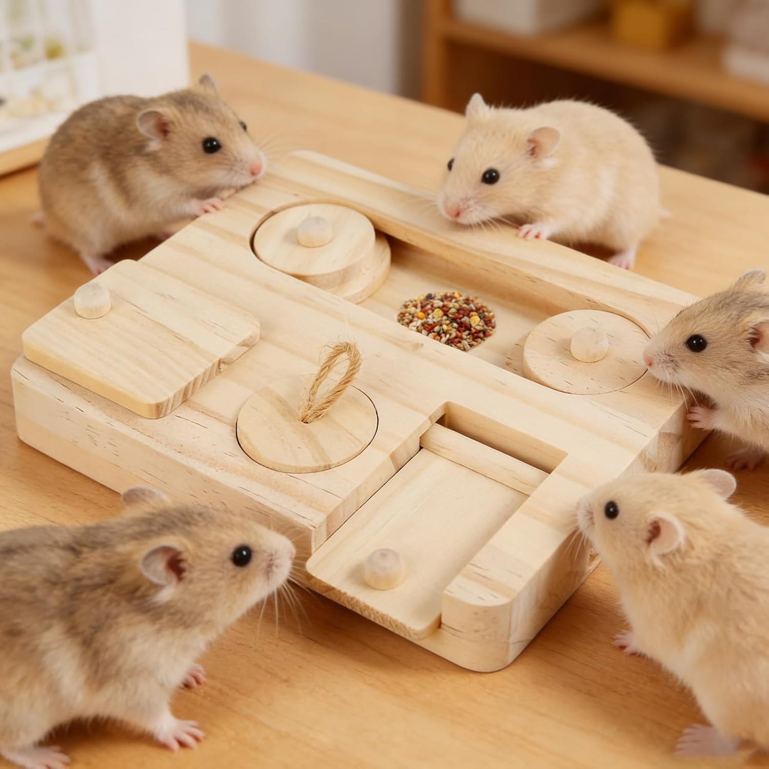Cute Pet Puzzle Toys - Hamster Brain Trainer, Single Pitted Board for Food Discovery, Organic Birch Feeder with Hidden Chambers, Accessory, Natural Plaything for Scenting, Foraging & Burrowing - Happypetzone.online - Image 4