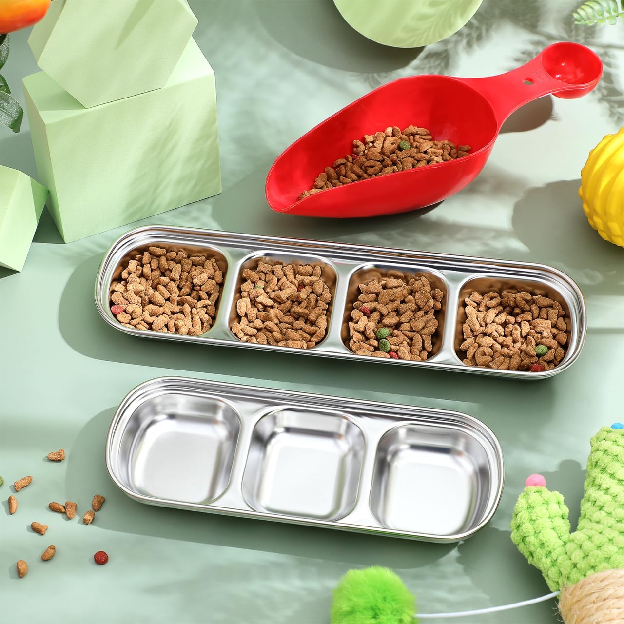 Compartment Pet Tray Food Bowls: 2pcs Stainless Steel Cat Bowl Divided Pet Dishes Bowls for Kitten Small Dogs Food Water Feeder - Happypetzone.online - Image 4