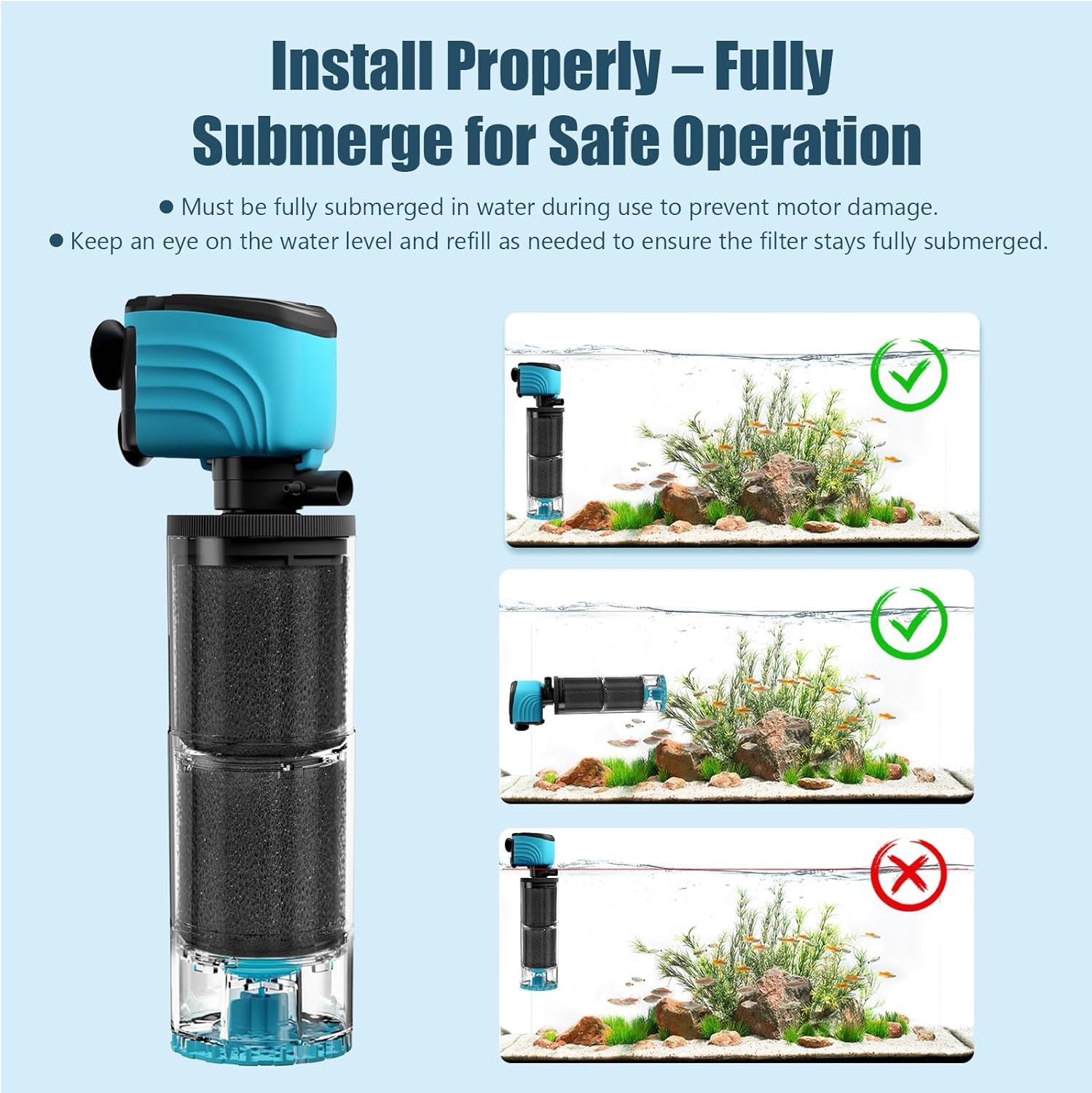 Submersible Aquarium Filter, Upgraded 50-150 Gallon Fish Tank Filter with Fish Guard, Internal Whisper Pump for Turtle Tank, Debris Tray, Check Valve, Fresh/Saltwater, 12-Inch - Happypetzone.online - Image 5