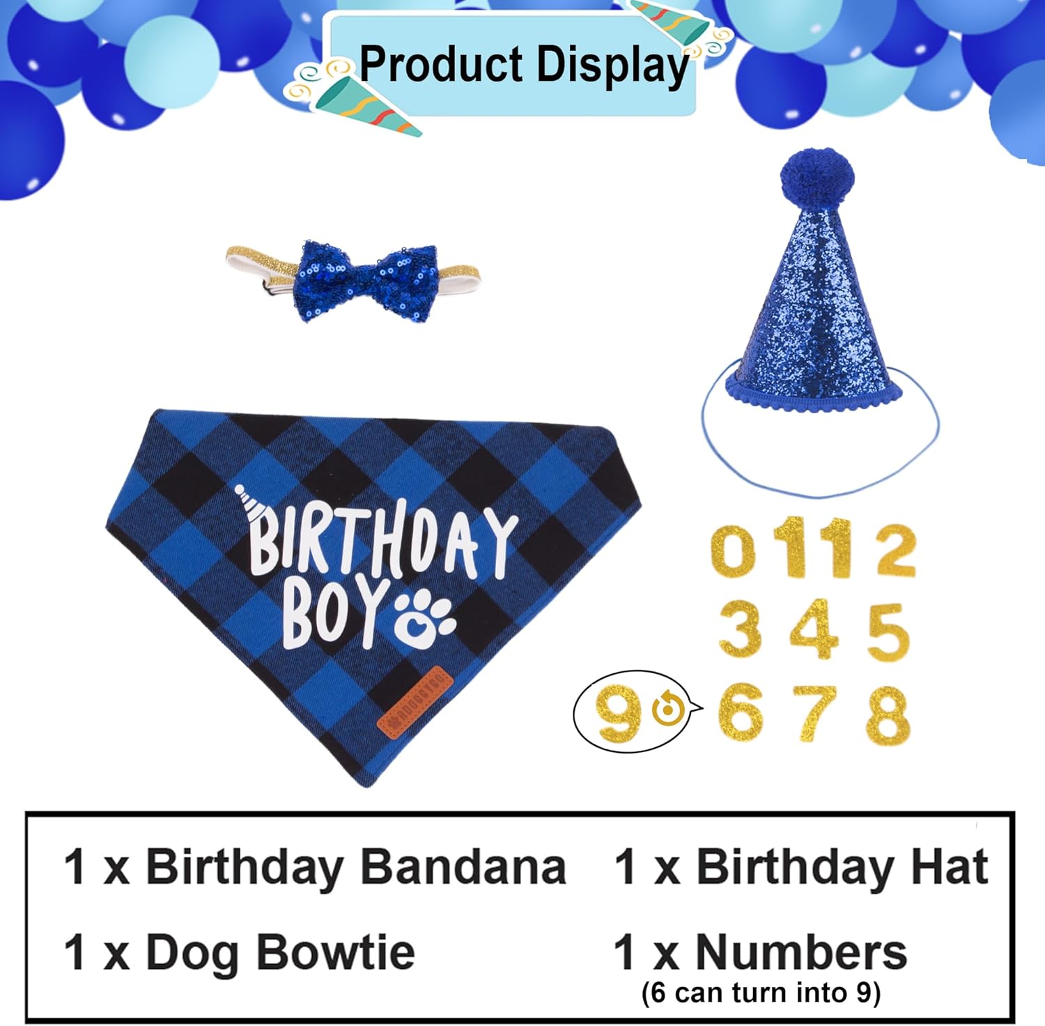 ADOGGYGO Dog Birthday Party Supplies, Multi Size Offered, Blue Dog Birthday Hat Bandana Numbers Bow Set for Large X-Large Dogs Pets (X-Large) - Happypetzone.online - Image 3