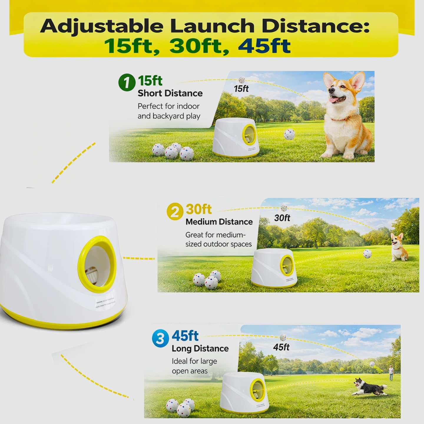 Automatic Dog Ball Launcher for Small Dogs & Medium Dogs, Interactive Fetch Machine with 3 Launch Distances (15–45 FT), USB Rechargeable, Includes 6 ETPU Balls - Happypetzone.online - Image 6