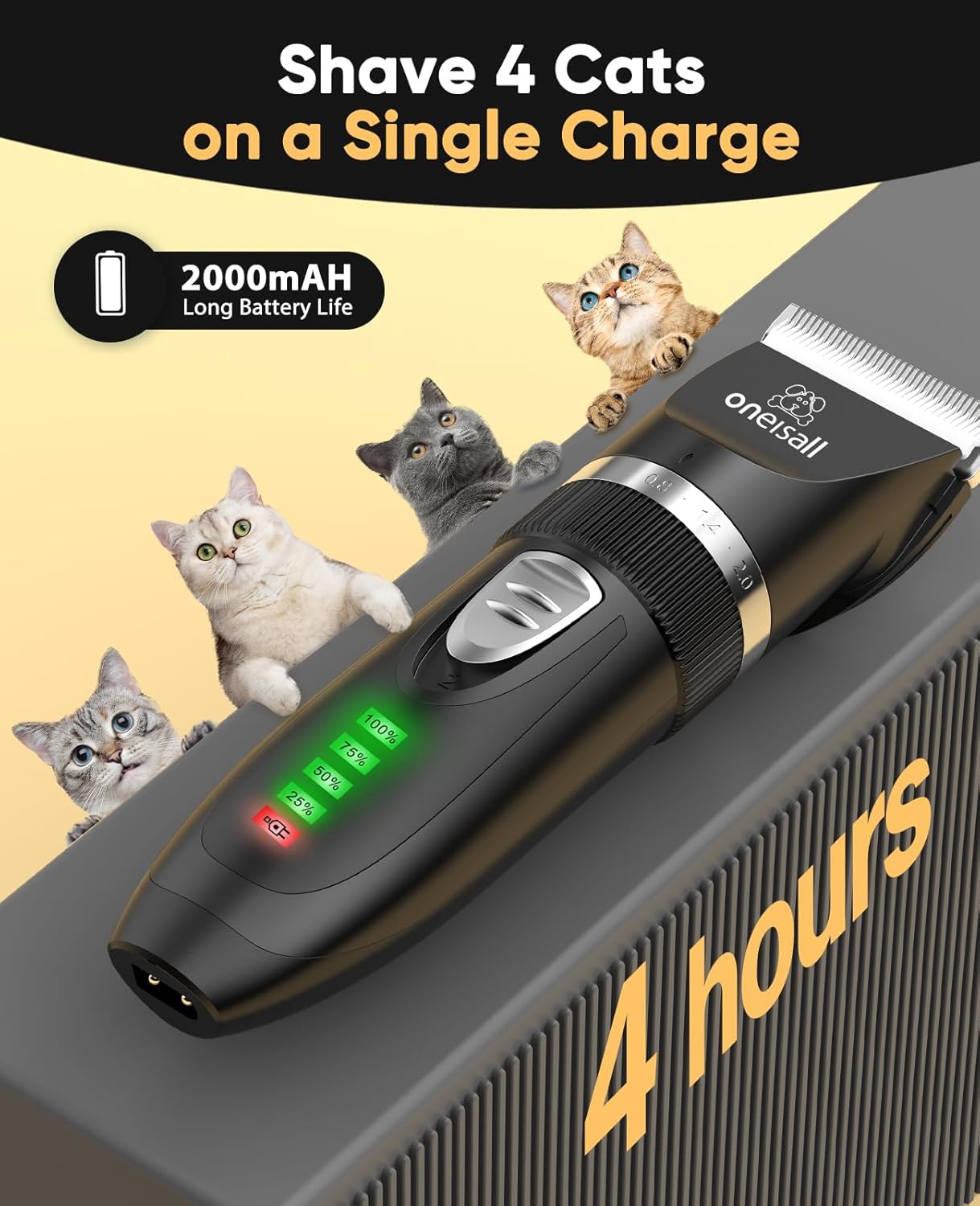 oneisall Quiet Cat Clippers for Matted & Long Hair, 2-Speed Cordless Pet Shaver Grooming Kit for Cats, Small Dogs & Animals (Black) - Happypetzone.online - Image 7