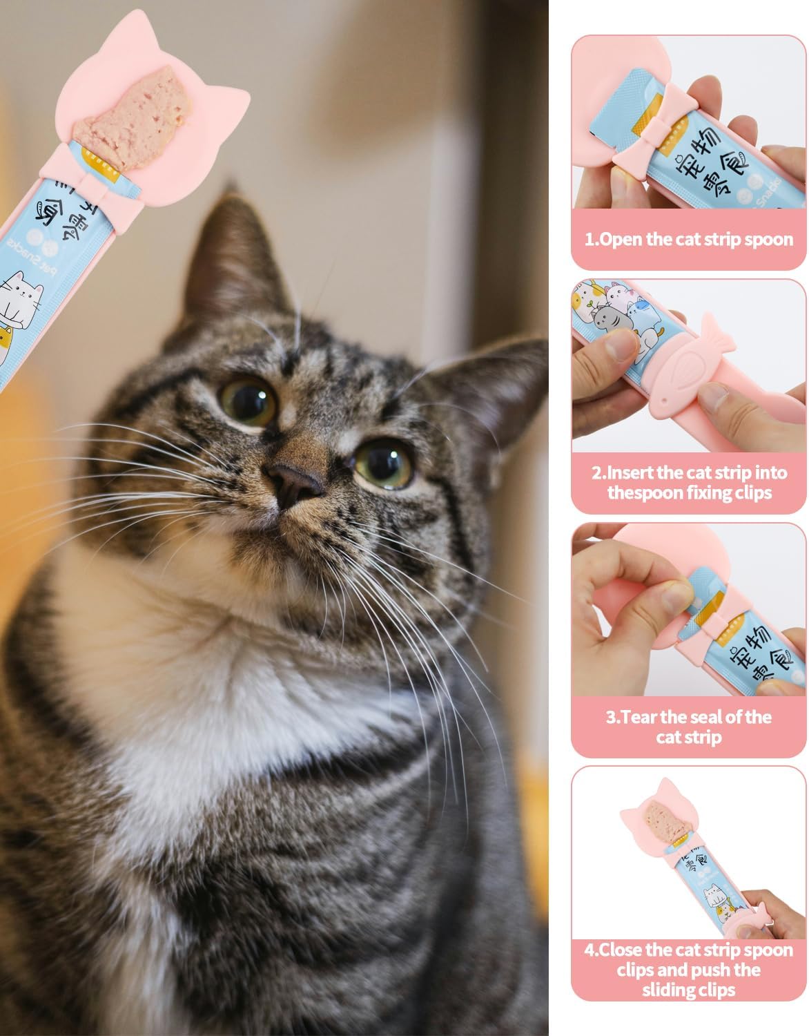 5 PCS Cat Food Can Covers Lids Set, Silicone Pet Food Can Lids with Multi-Function Cat Food Spoon and Opener, Cat Bar Squeezer, Stainless Steel Wet Food Spoon for Cats and Dogs (Pink) (Pink) - Happypetzone.online - Image 5