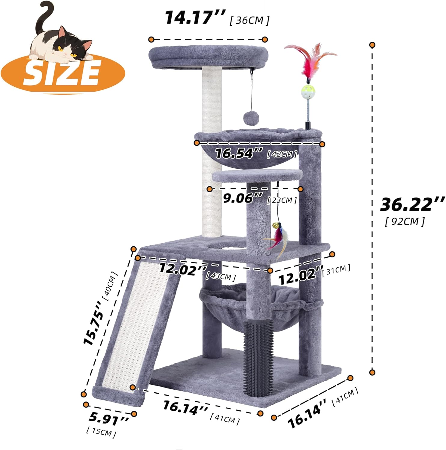 Multi-Level Cat Tree for Indoor Cats, Cat Tree Tower with Big Cat Hammock and Self-Grooming Brush, Cat Tower with Scratch Ladder, Indoor Climbing Activity Tower with Scratching Posts, Grey - Happypetzone.online - Image 8