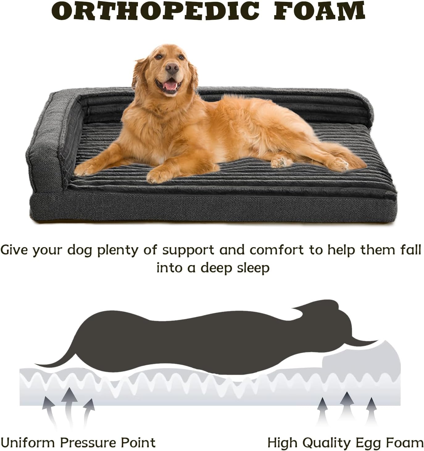 WINDRACING Orthopedic Dog Beds for Large Dogs 40x28 inch, L Shape Waterproof Dog Bed with Bolster Sides, Washable Big Pet Bed with Removable Cover & Non-Slip Bottom, Gray - Happypetzone.online - Image 2