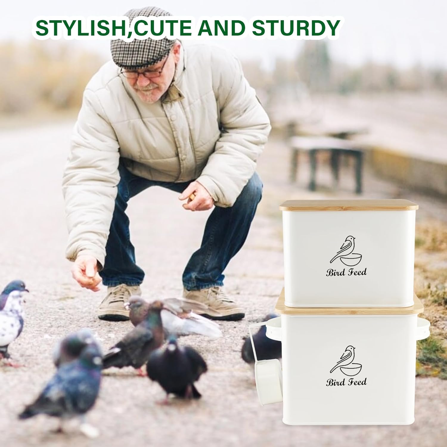 Airtight Bird Seed Storage Container Set of 2, 10LB Metal Bird Food Container with Bamboo Lids,Wild Bird Seed Tin for Storing Sunflower Seed-Squirrel proof -White - Happypetzone.online - Image 6