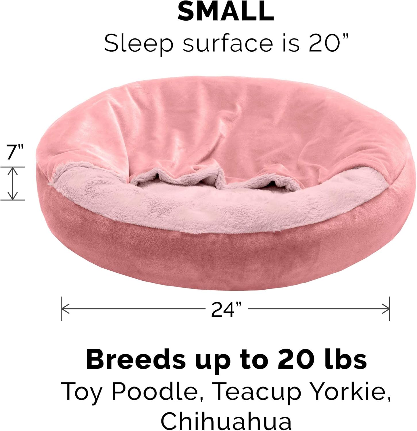 Furhaven 24" Round Calming Donut Dog Bed for Indoor Cats & Small Dogs, Washable, For Dogs Up to 20 lbs - Plush Velvet Waves Hooded Donut Bed - Rose Pink, Small - Happypetzone.online - Image 2