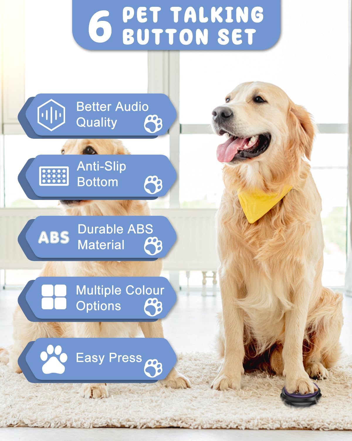 Acools Dog Buttons for Communication, 6 Pcs Dog Talking Button Set, 30s Voice Recordable Pet Training Buzzer, Speaking Buttons for Cats & Dogs with Waterproof Dog Activity Mat and 24 Scene Stickers - Happypetzone.online - Image 2