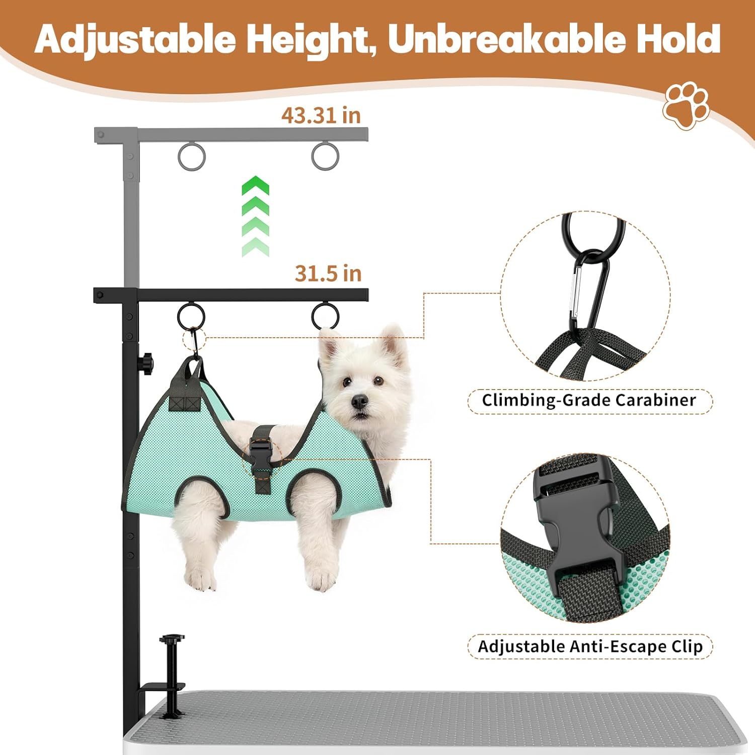 Dog Grooming Table Arm, 31.5"-43.3" Adjustable Pet Stand with Hammock & Clips – 3-in-1 Grooming Kit for Nail Trimming, Haircut & Drying, Home Supplies for Small Dogs - Happypetzone.online - Image 4