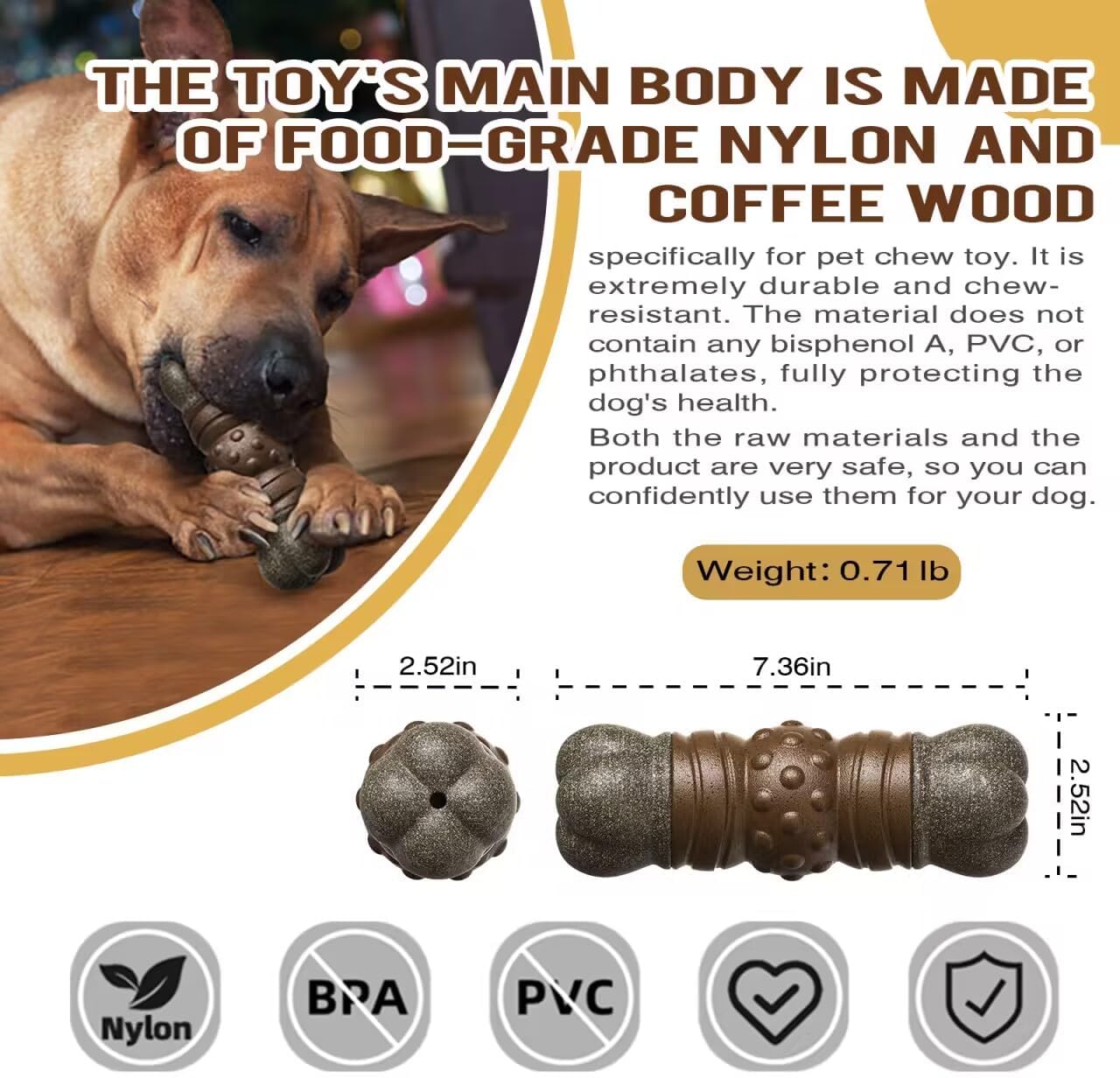 Indestructible Squeaky Dog Chew Toys for Aggressive Chewers, Food Grade Material, Tough Durable Dog Toys for Medium Large Breed (Brown) - Happypetzone.online - Image 2