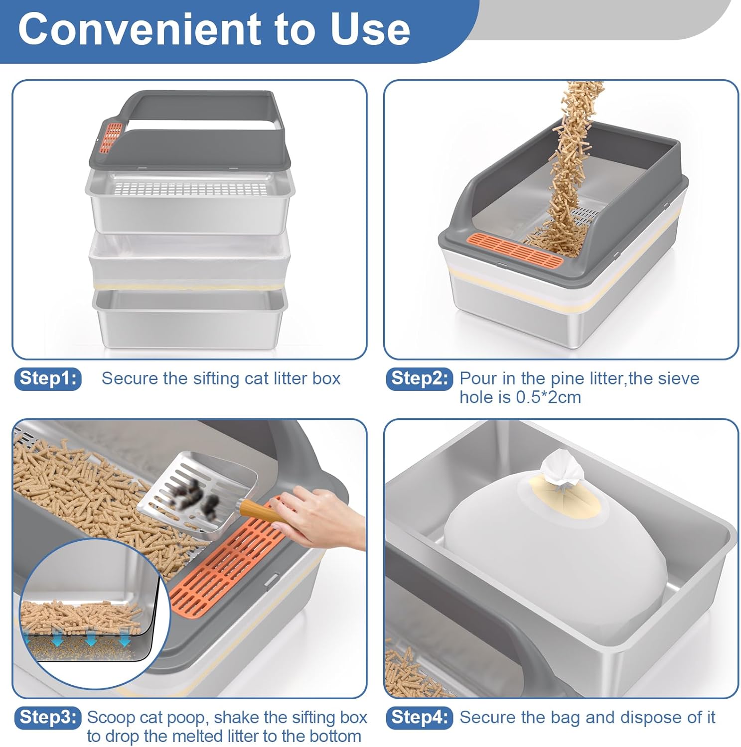 Stainless Steel Sifting Litter Box with Lid, XL Extra Large Sifting Cat Litter Box for Pine Pellets & Big Cats,Metal Pellet Sifter Litter Pan System for Odor Control,Sifting Box Liners & Scoop - Happypetzone.online - Image 7