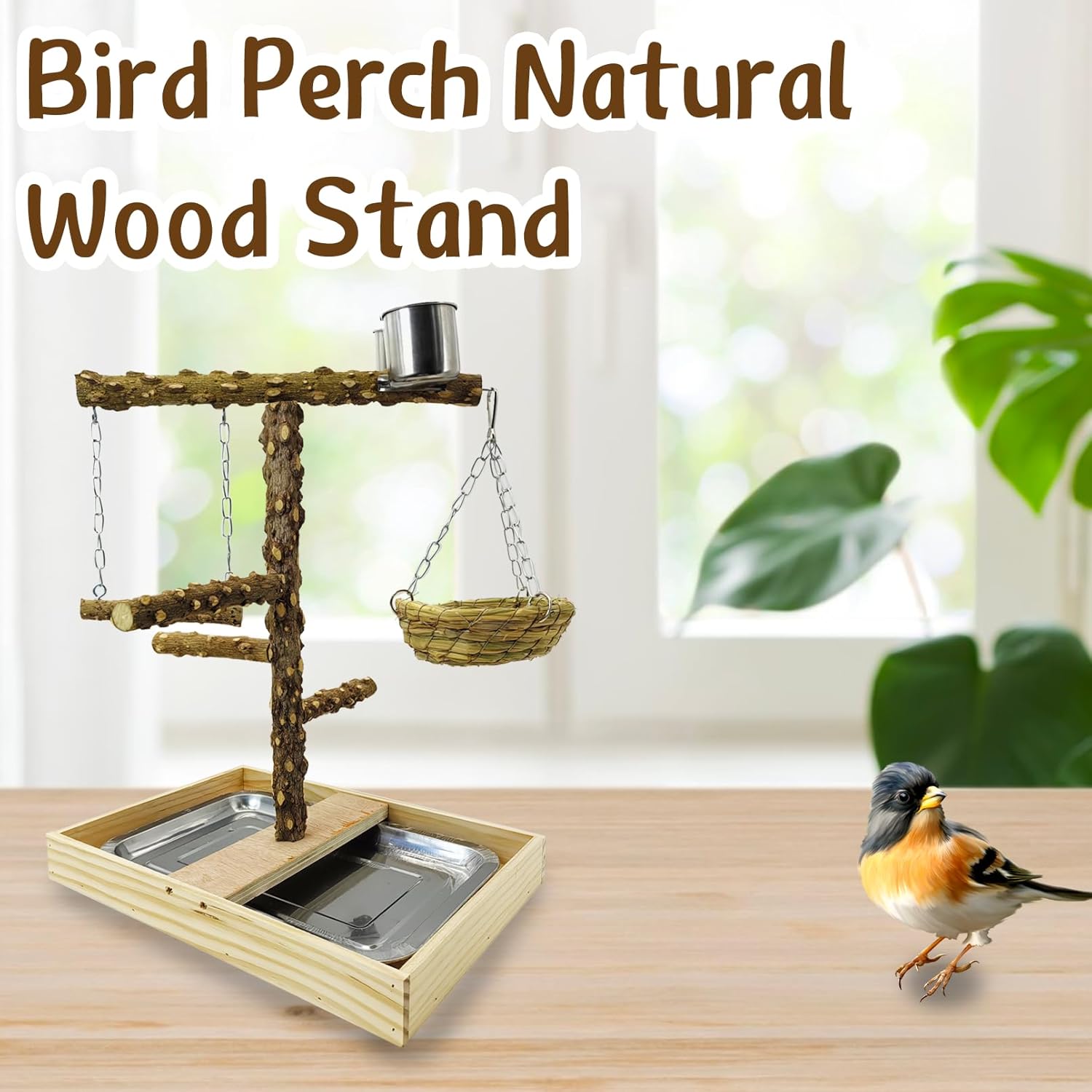 Tfwadmx Bird Perch Natural Wood Stand Toy Parrot Play Stand Platform and Hanging Bird Nests Bird Cage with Removable Tray and 2 Stainless Steel Cups for Parakeets Canaries Cockatiels Conure Lovebirds - Happypetzone.online - Image 6