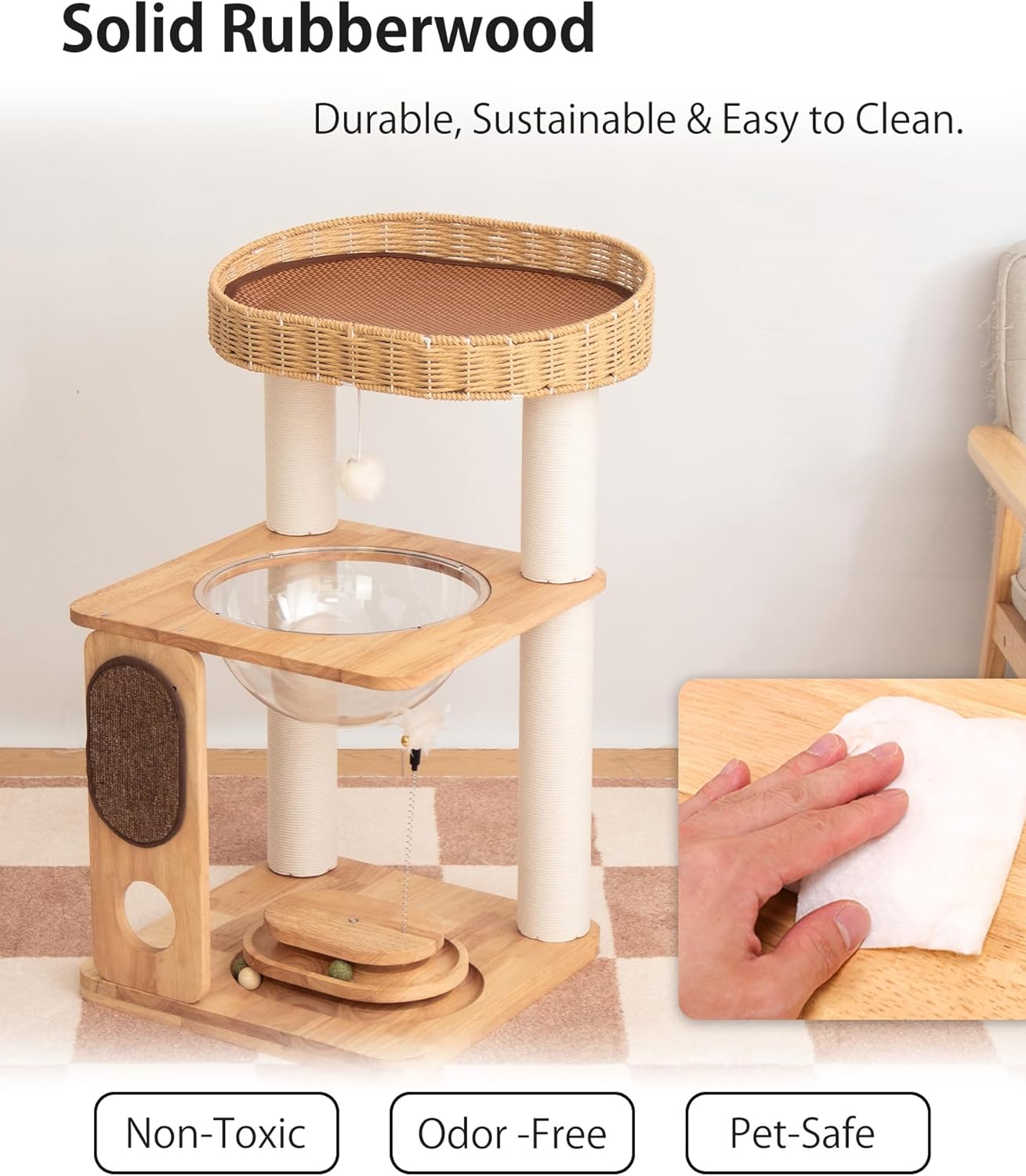 Wood Cat Tree for Large Cats, Modern Cat Tree Tower with Wide Shelves Cotton Scratching Posts, Super Sturdy Base, Cozy Perches, and Interactive Toys for Indoor Kittens 31-Inch - Happypetzone.online - Image 4