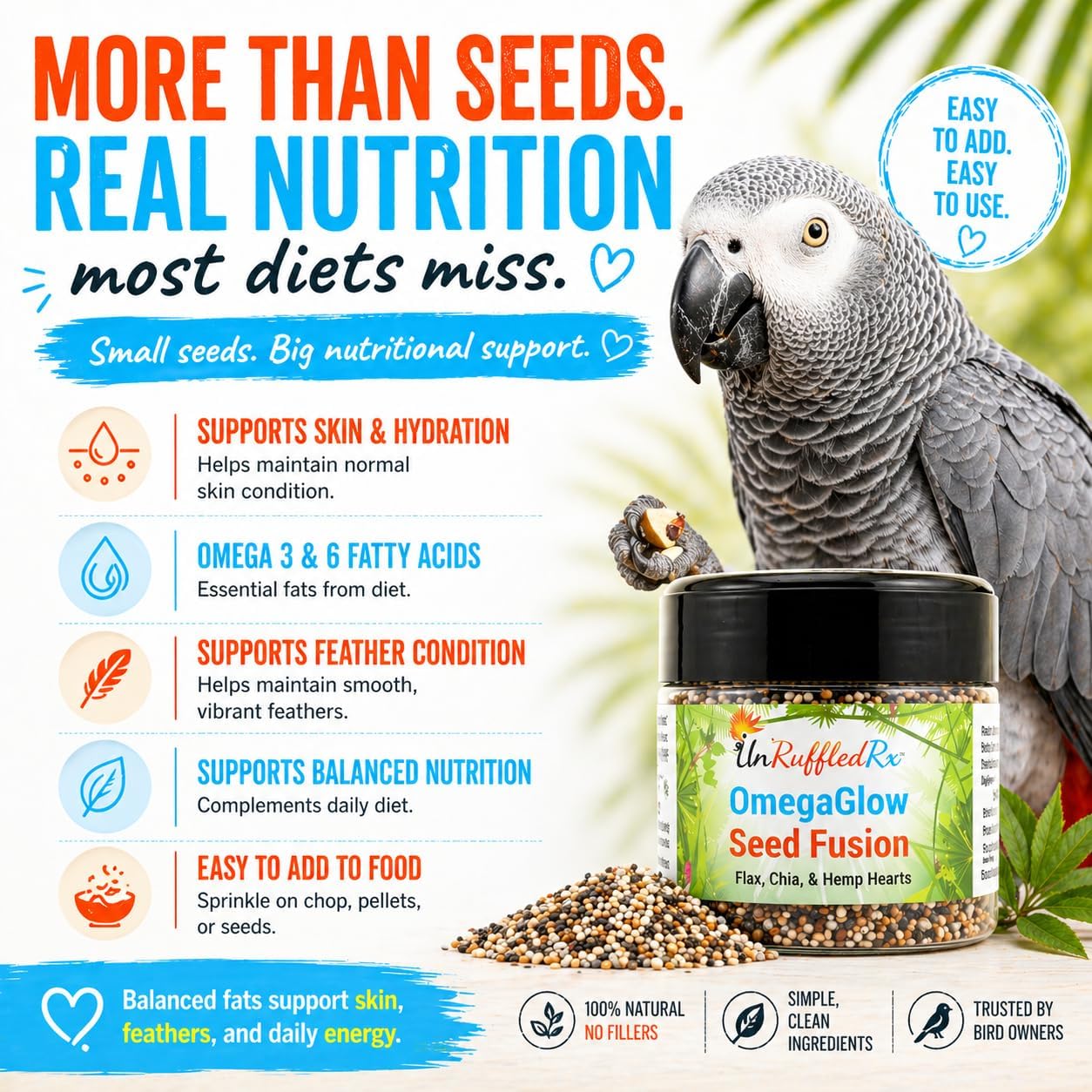 UnRuffledRx™ OmegaGlow for Birds – Raw, Natural Seed Blend for Feather Growth & Molting Support – Skin & Immune Health with Chia, Flax & Hemp Seeds – Helps Reduce Plucking – 2 oz Shaker Jar - Happypetzone.online - Image 4