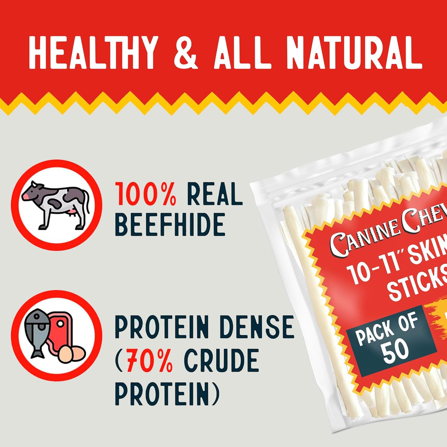 Canine Chews 10-11" Retriever Stick Rolls Rawhide for Dogs Skinny Sticks for Small Aggressive Chewing Dogs (50 Pack) - Happypetzone.online - Image 3