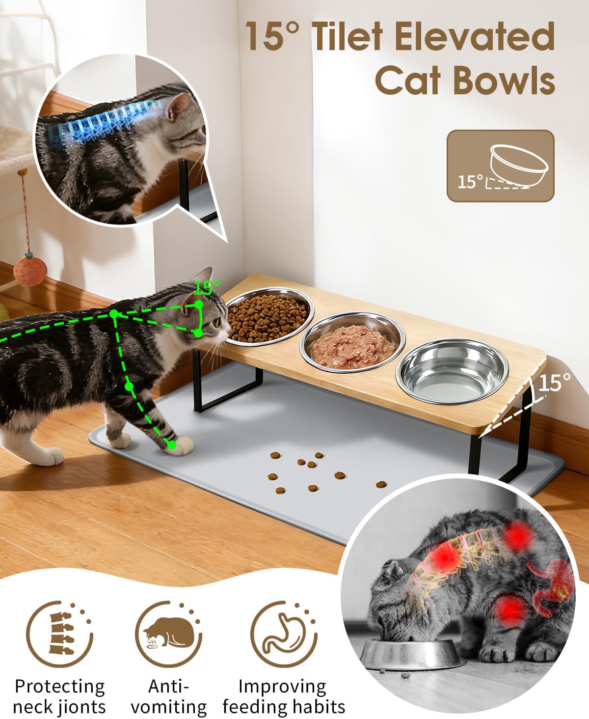 Elevated Cat Bowls, 15°Tilted Raised Cat Food Bowls with Mat, Cat Food and Water 3 Stainless Steel Bowl Set for Indoor, Anti-Vomiting, Whisker Fatigue. - Happypetzone.online - Image 2