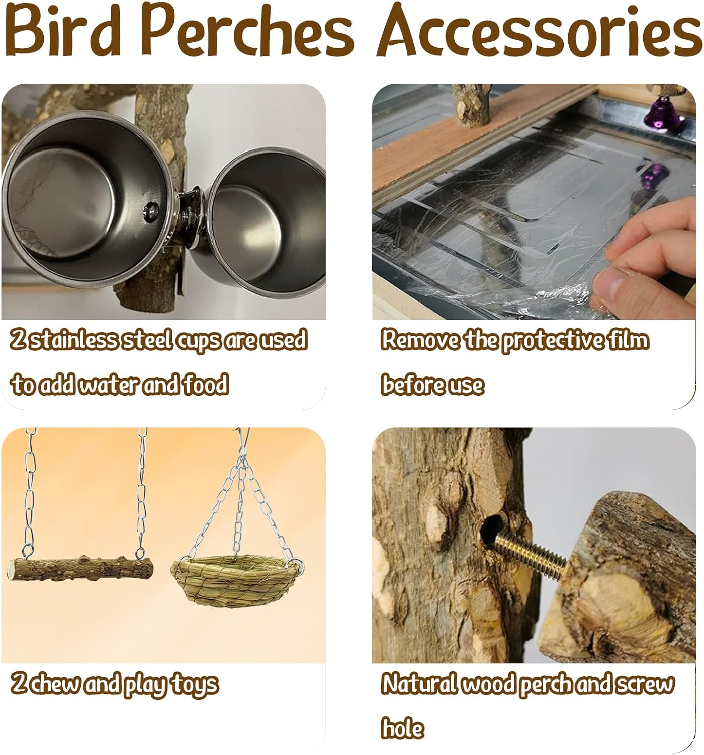 Tfwadmx Bird Perch Natural Wood Stand Toy Parrot Play Stand Platform and Hanging Bird Nests Bird Cage with Removable Tray and 2 Stainless Steel Cups for Parakeets Canaries Cockatiels Conure Lovebirds - Happypetzone.online - Image 2