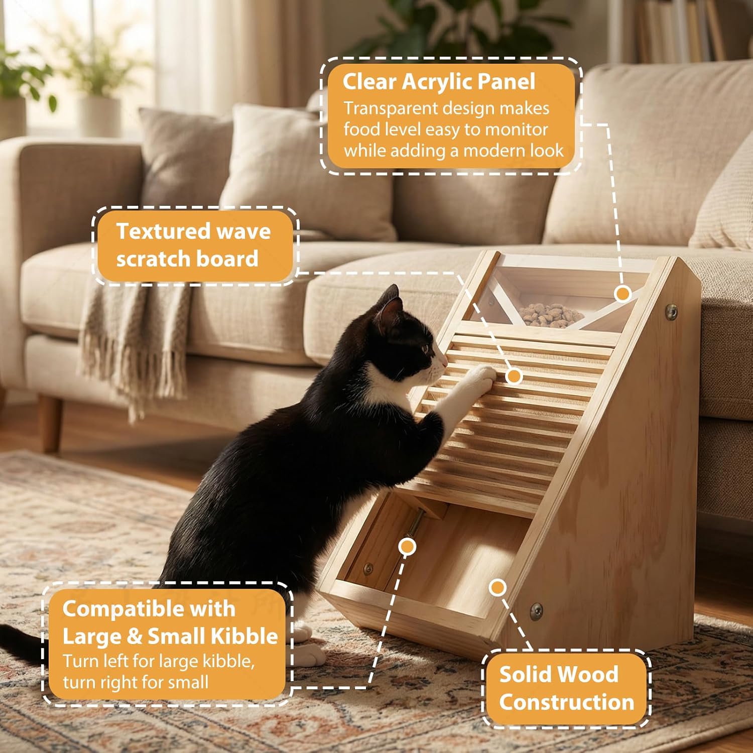 Interactive Cat Treat Toy – Wooden Food Dispensing Cat Toy for Indoor Cats, Paw-Activated Reward Feeder, Cat Enrichment & Puzzle Toy for Mental Stimulation (Pine) - Happypetzone.online - Image 5