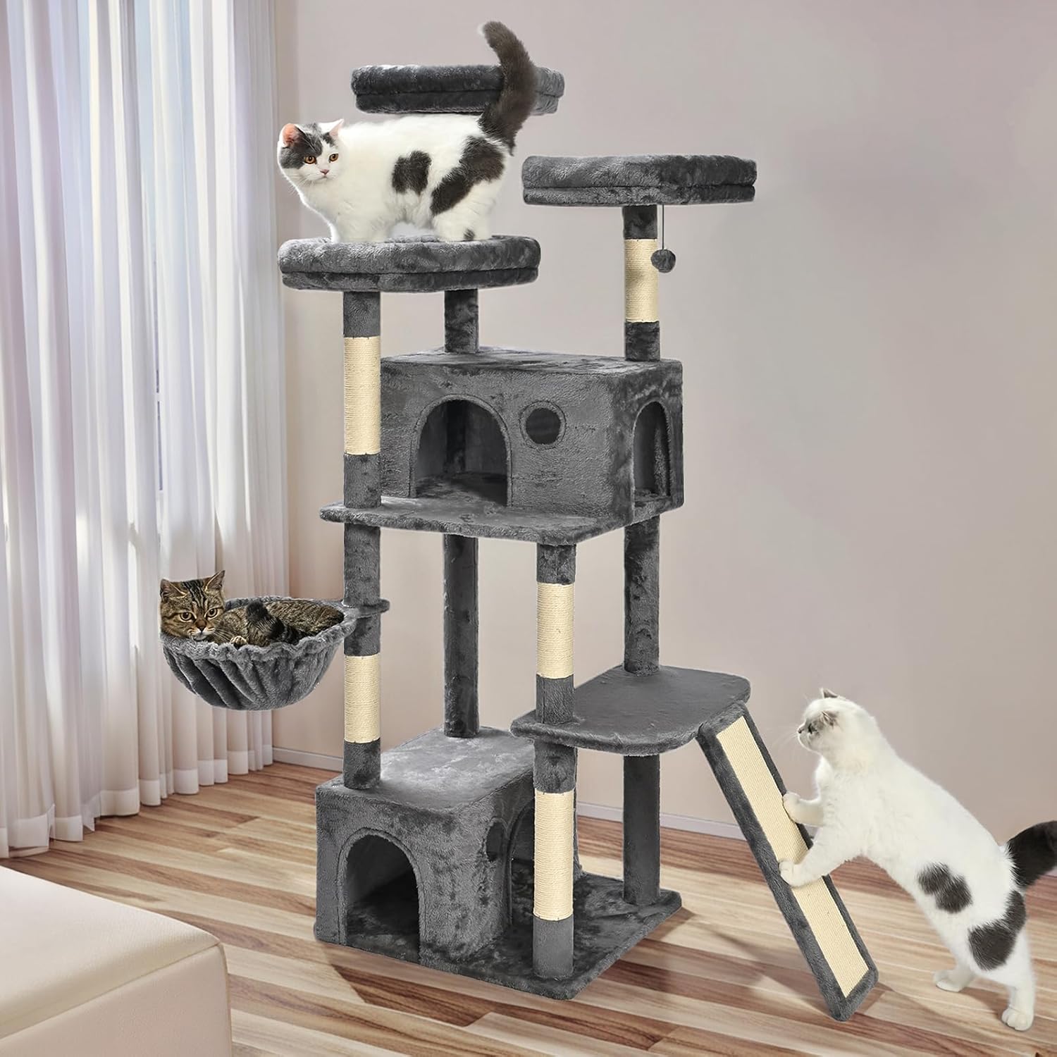 Amazon Basics Large Cat Tree Tower, Multi-Level Activity Center with 2 Large Condos, Multiple Sisal Scratching Posts and Hanging Pompoms, Gray, 68 Inches - Happypetzone.online - Image 7