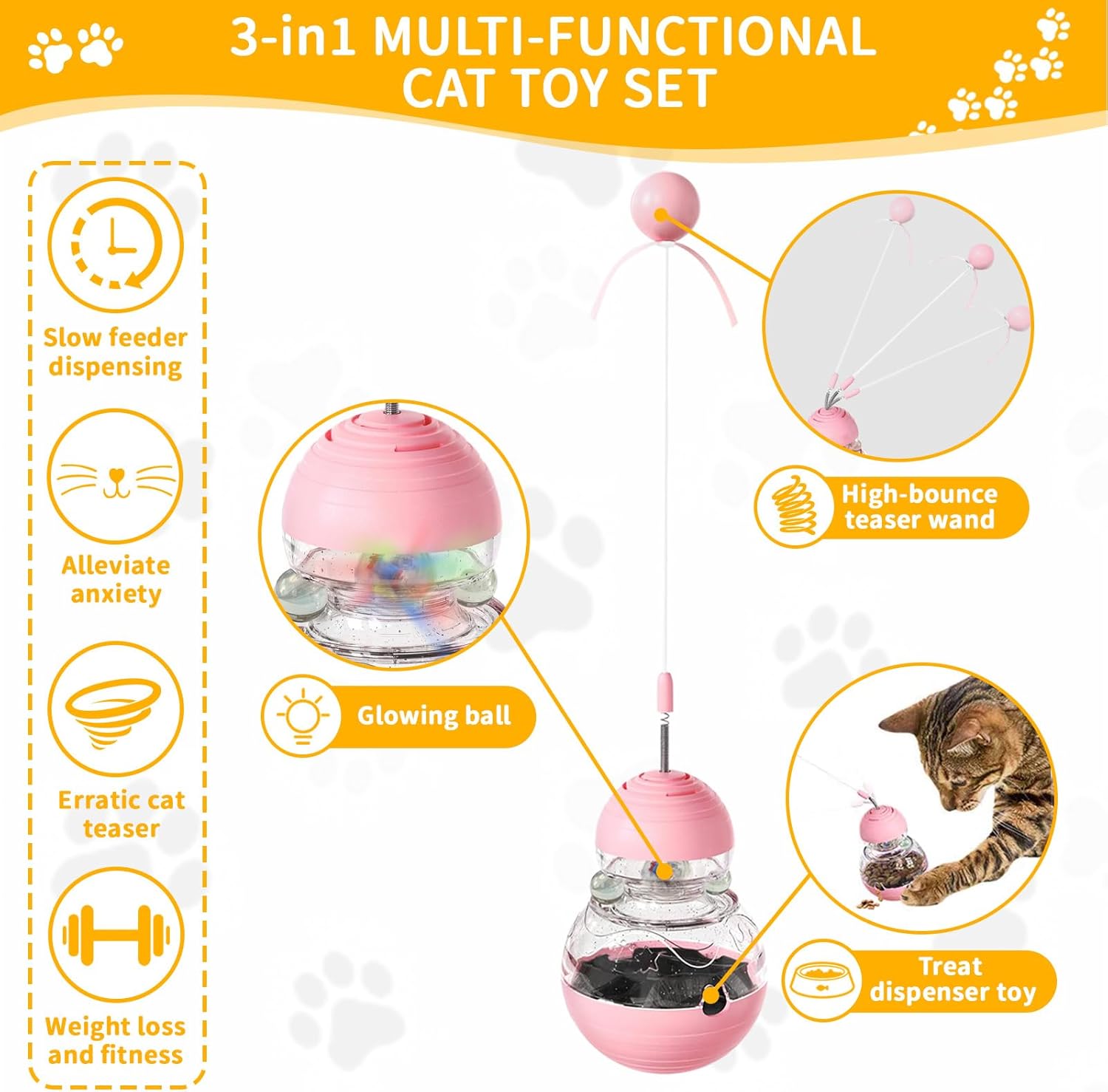 Cat Interactive Toys Engaging Wand, Slow Food Treat Dispenser, and Tumbler Design for Indoor Cats Durable, Non-Toxic, Ideal for Exercise and Boredom Relief Gift for Kitten, Pink - Happypetzone.online - Image 2