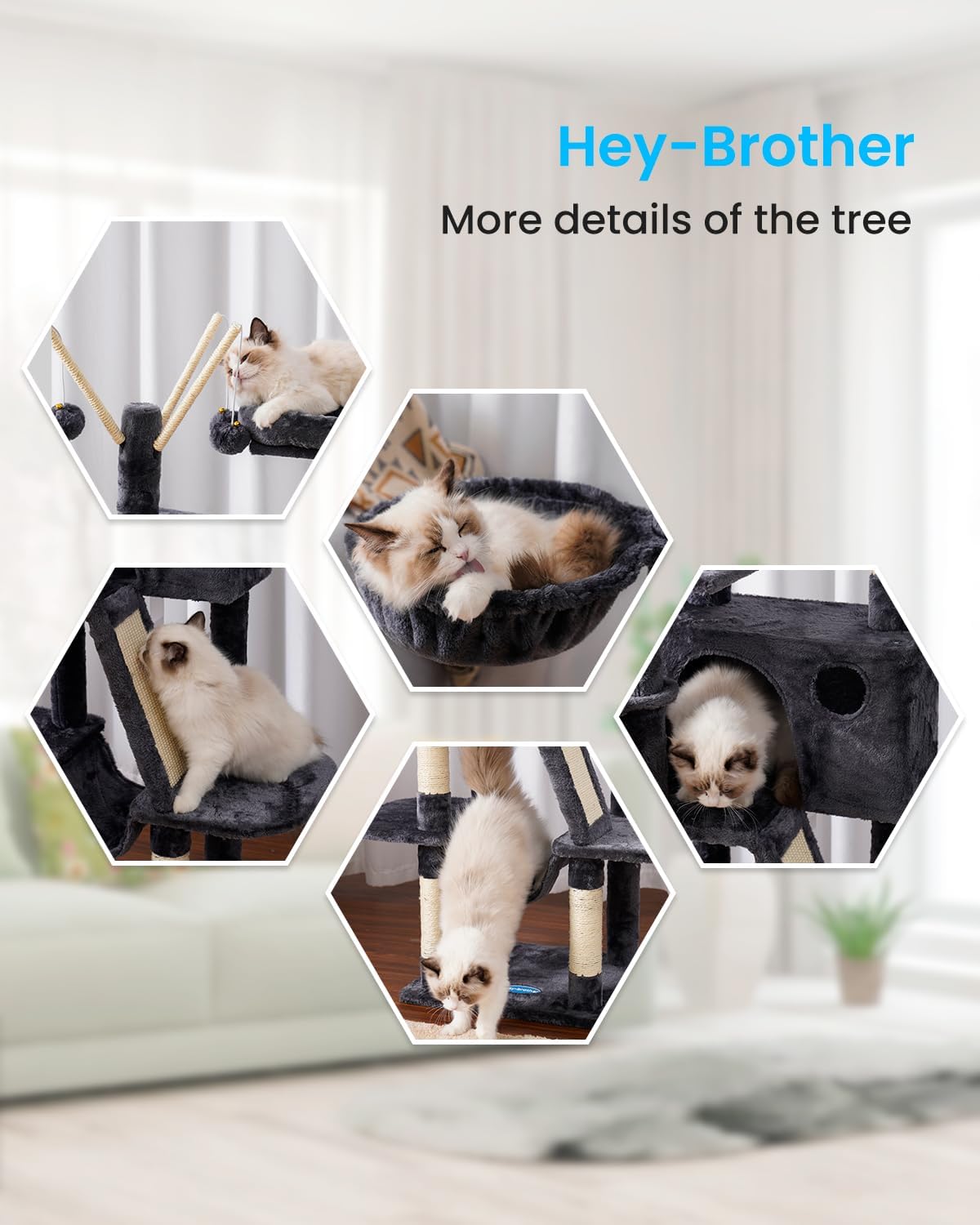Hey-brother Cat Tree, 53 inch Cat Tower for Indoor Cats, Cat House with Padded Platform Bed, Toy Balls, Large Cozy Condo, Hammocks and Sisal Scratching Posts, Smoky Gray MPJ019-SG - Happypetzone.online - Image 5