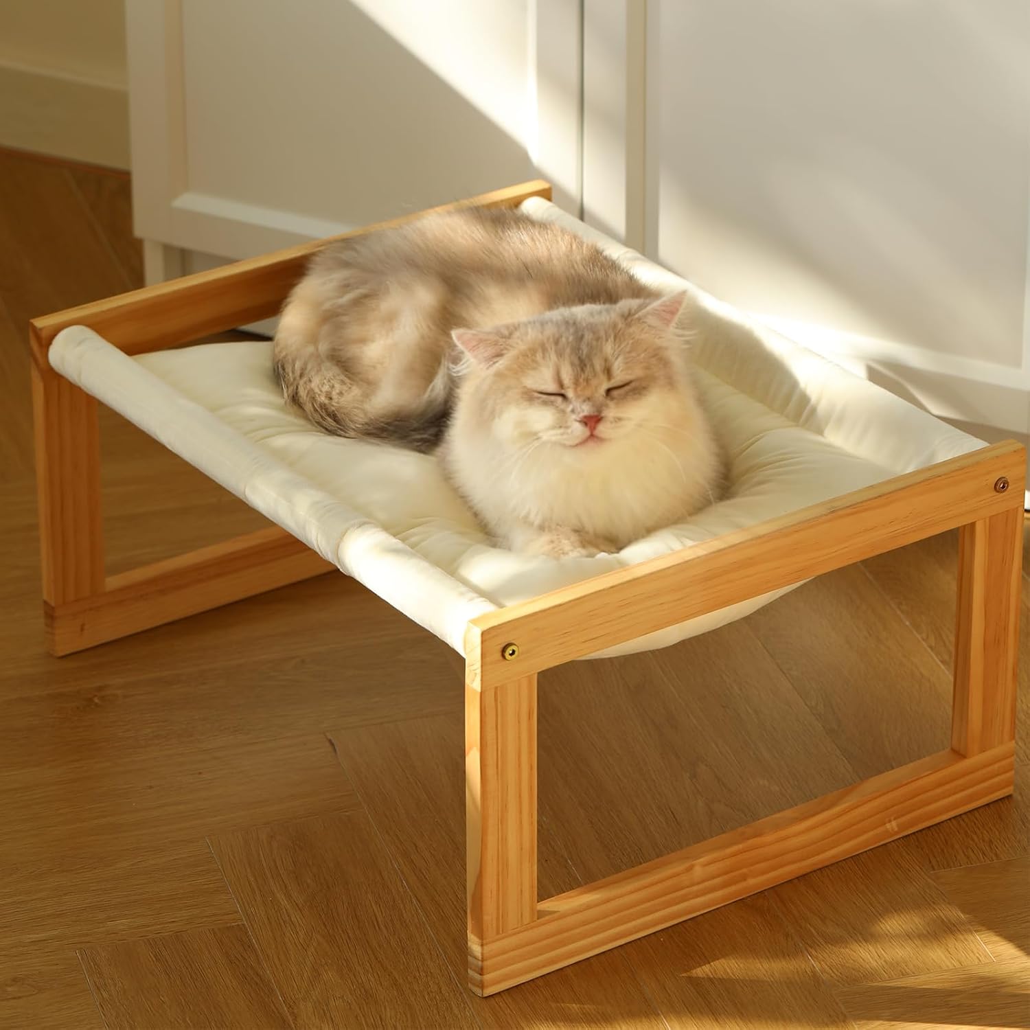 FUKUMARU Cat Bed Hammock, Cozy Velvet Cat Couch for Indoor Cats, Raised Wooden Cats Perch, 21 Inch Pet Sofa, Outdoor Dog Beds, Suitable for Puppy, Bunny and Small Animal, White - Happypetzone.online - Image 6