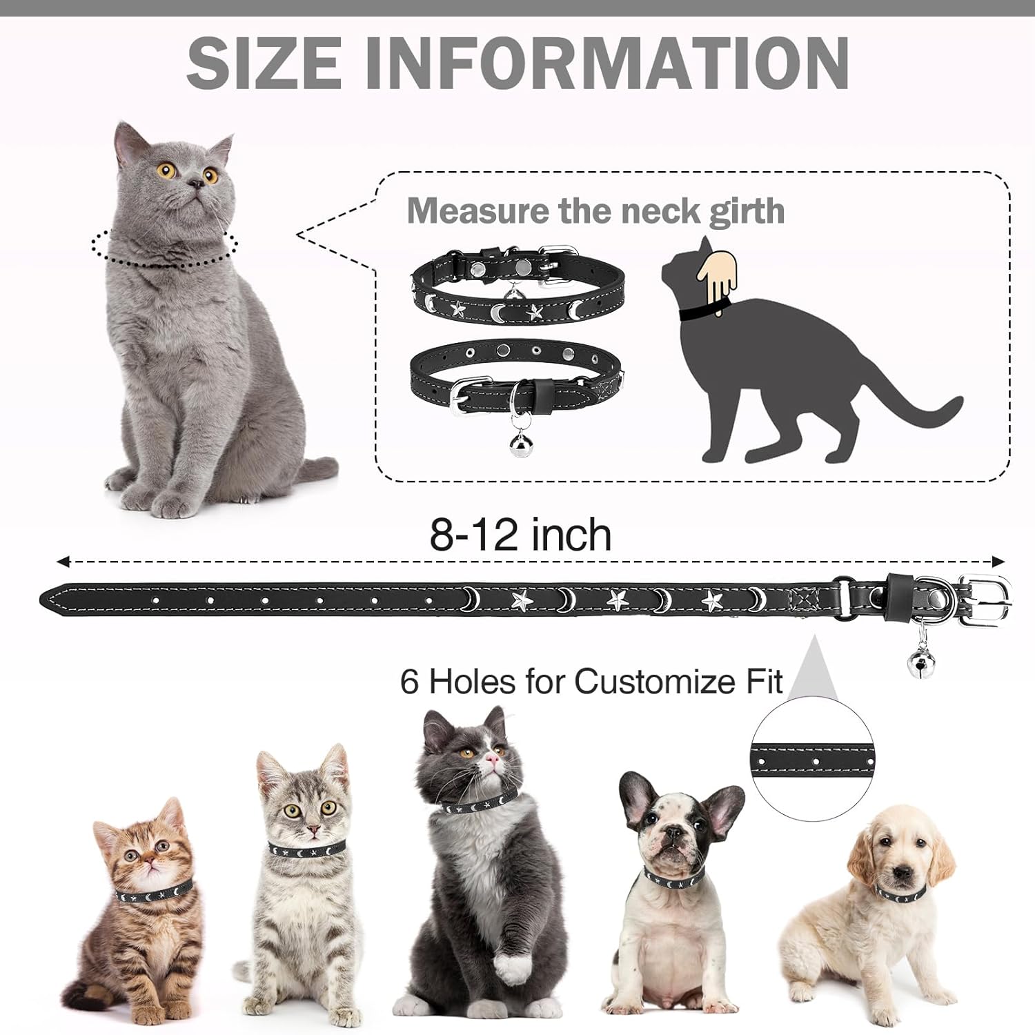 Leather Cat Collars for Boy Girl Cats with Bell and Safety Elastic Belt, Personalized Star and Moon Stud Adjustable Safe Buckle Collar for Kitty Small Big Cats Size 8-12 Inch, Black - Happypetzone.online - Image 4