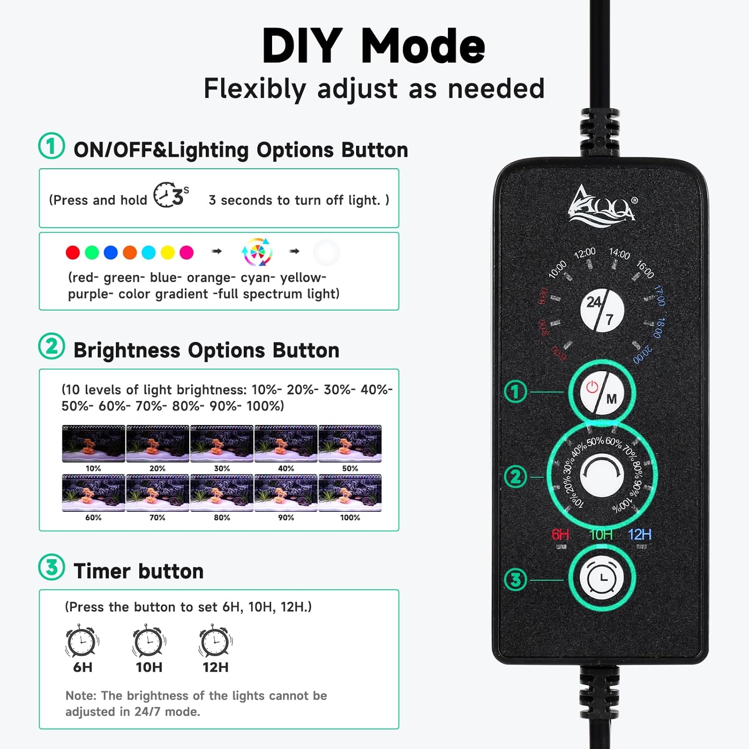 AQQA LED Aquarium Light, 24/7 Mode IP68 Waterproof Extendable Bracket Fish Tank Light, DIY Mode Full Spectrum Aquarium Plant Light, Adjustable Timer/Brightness Memory Function for 12-18 Inch Fish Tank - Happypetzone.online - Image 2