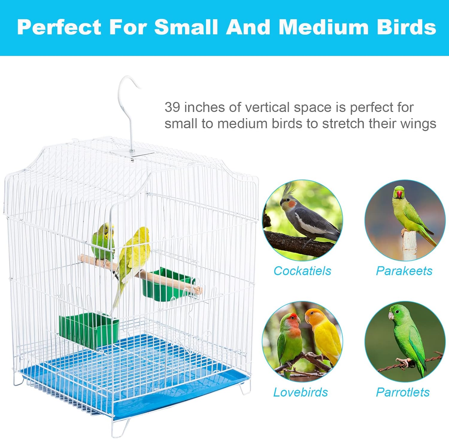 Small Bird Travel Cage - Lightweight Starter Kit for Parakeets, Lovebirds, Finches, Canaries Blue Includes Removable Tray & Accessories - Happypetzone.online - Image 3