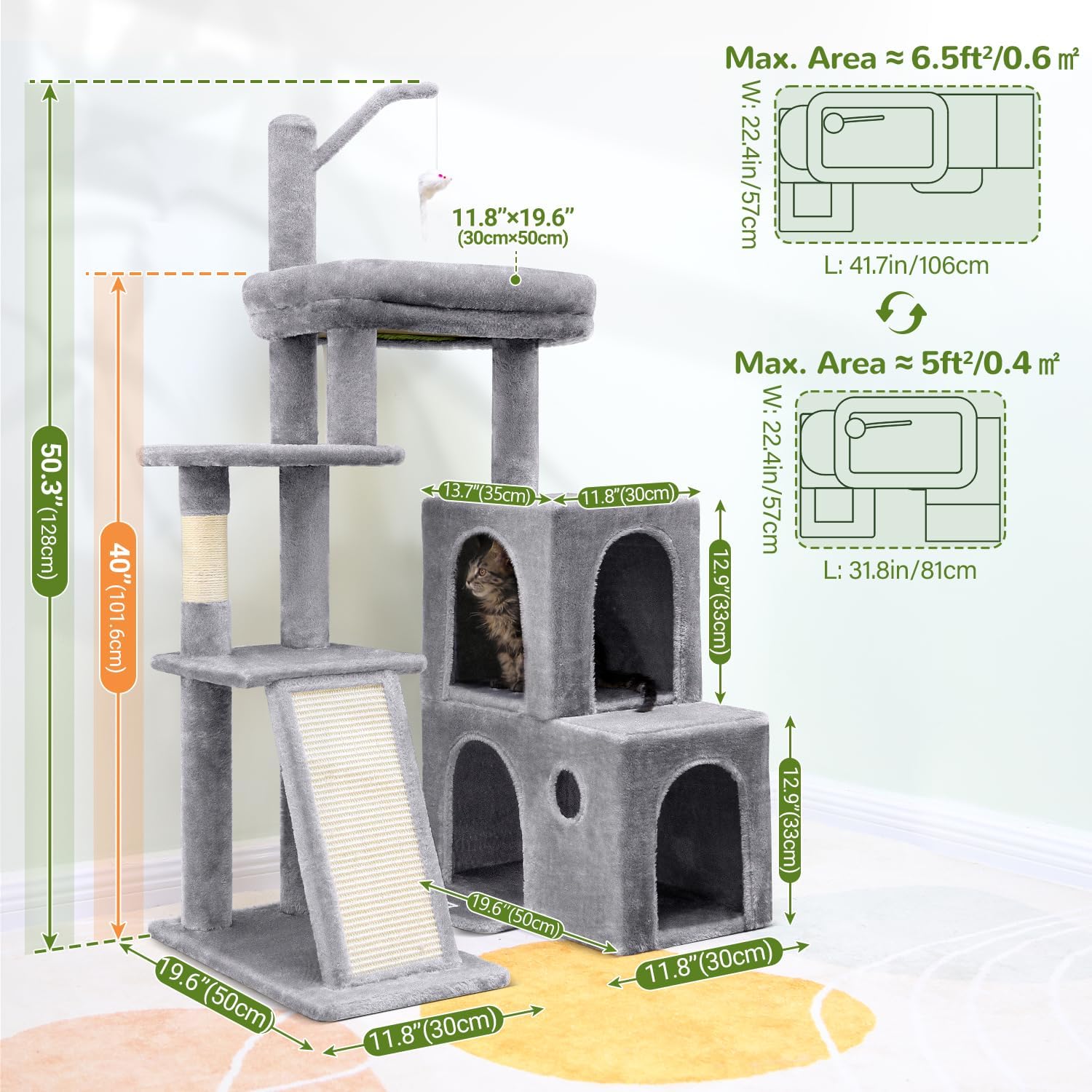Globlazer Cat Tower for Indoor Adult Cats, 50-inch Heavy Duty Cat Tree House for Big Cats with Extra-Large Padded Platform, Sisal Scratching Board, 2 Large Condos, F50, Light Grey - Happypetzone.online - Image 6