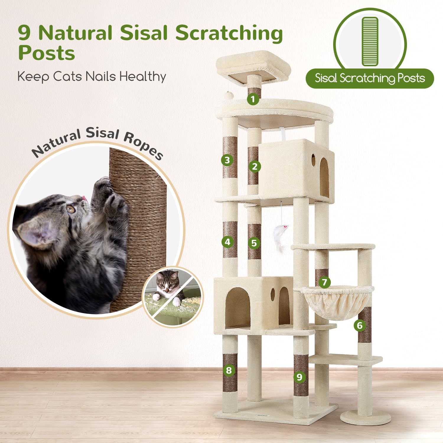 Globlazer Giant Cat Tree, 83 inch Cat Tree for Indoor Cats Large Adult, XXL Cat Tower with 9 Scratching Posts for 20lb+ Heavy Duty Large Adult Cats, F83, Beige - Happypetzone.online - Image 5