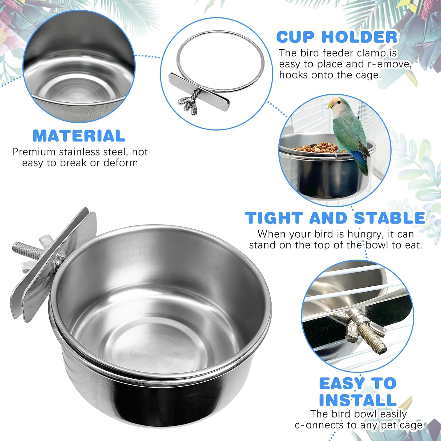 Tfwadmx Bird Feeding Dish Cups Parrot Food Bowl Clamp Holder Coop Cup, 2PCS Bird Cage Water Bowl for Parakeet African Greys Conure Cockatiels Lovebird Budgie Chinchilla - Happypetzone.online - Image 3