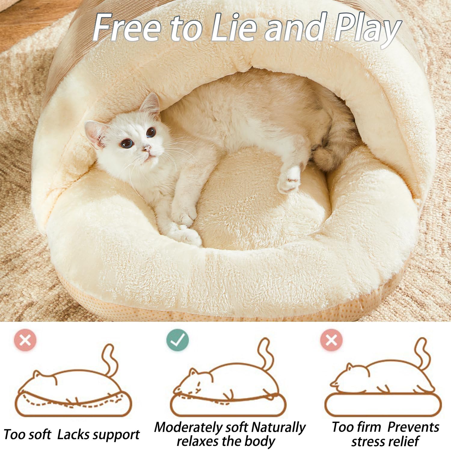 Romaneco Cat Bed - Pet Slipper Cave Bed for Indoor Cats and Small Dogs, Self Warming, Cozy & Soft Plush, Anti-Slip & Durable, Washable for Kittens and Puppies Under 15 lbs (24"x16", M, Light Brown) - Happypetzone.online - Image 4