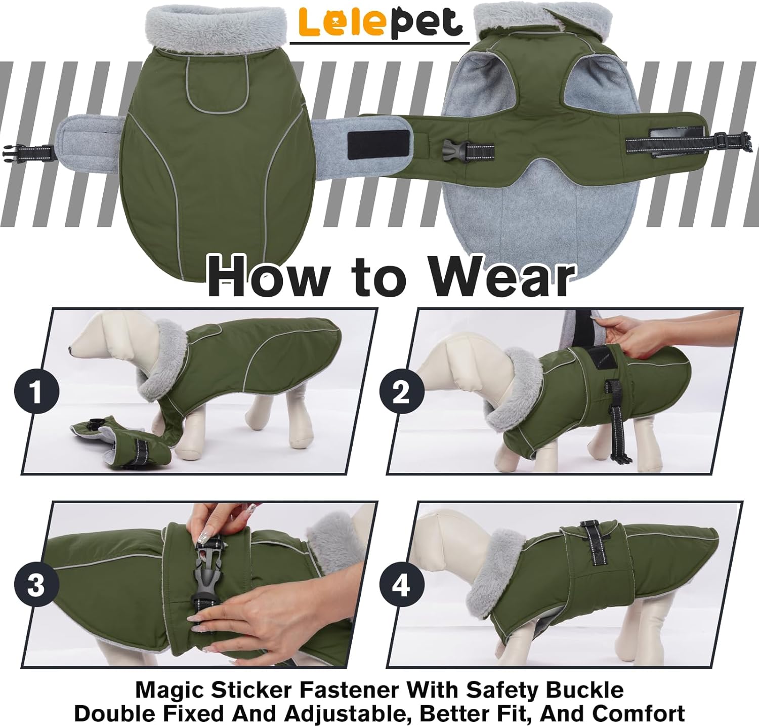 Lelepet Warm Dog Coat Reflective Fleece Vest Waterproof Dog Jacket with Adjustable Buckle Hook & Loop Windproof Cold Weather Coats for Small Medium Large Dogs, Army Green, M - Happypetzone.online - Image 6