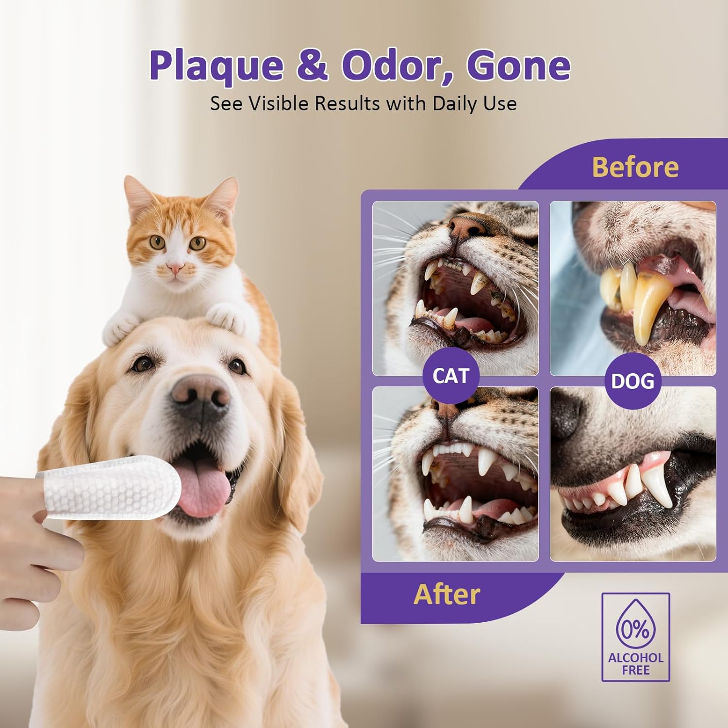 Pet Dental Finger Wipes,Teeth Cleaning Wipes for Dogs & Cats, Cats & Dogs Probiotic Teeth Wipes, Daily Oral Care for Plaque & Tartar Removal, Fresh Breath Support, 50 Count - Happypetzone.online - Image 2