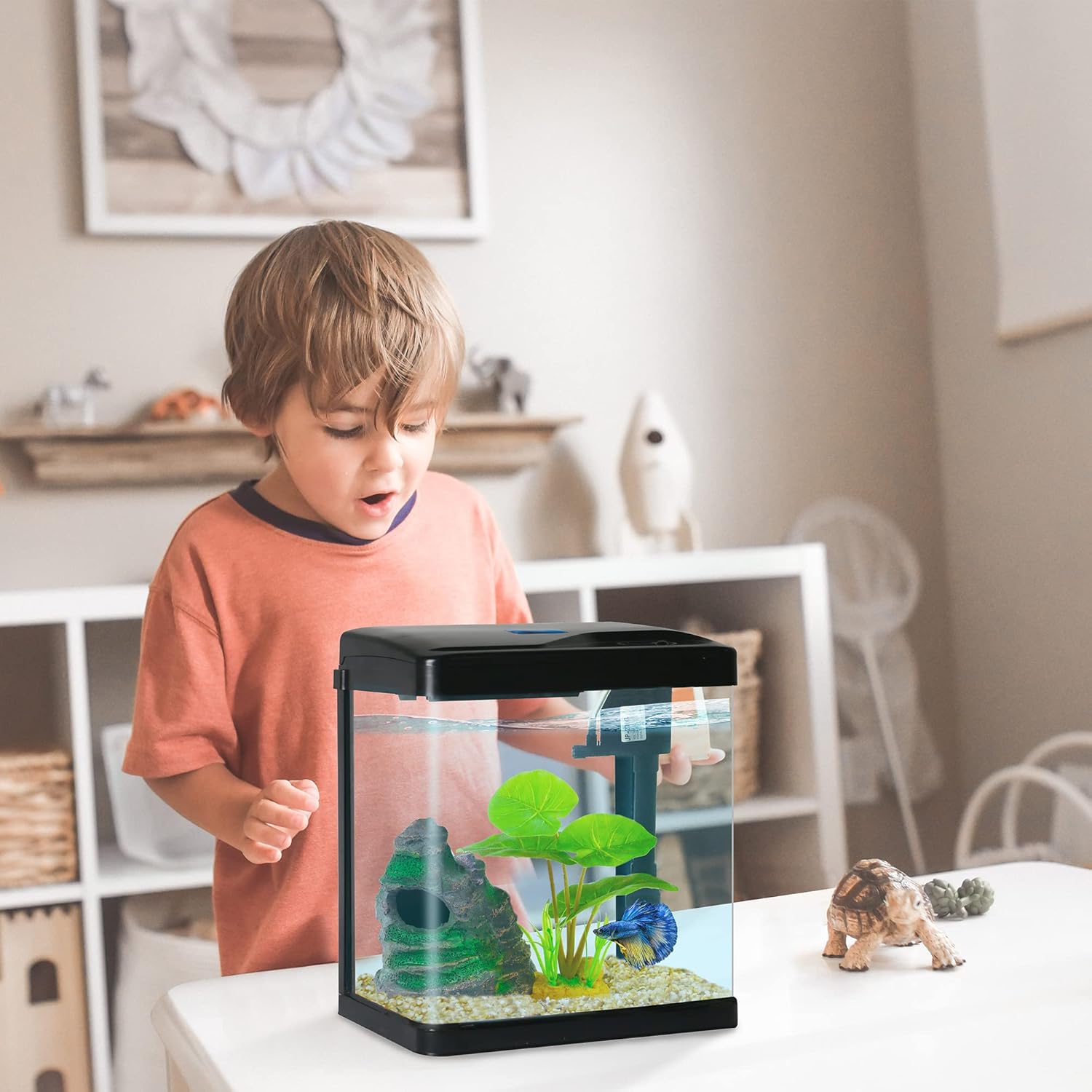 Betta Fish Tank Self Cleaning Glass 2 Gallon Small Nano Aquarium Starter Kits Desktop Room Decor w/LED Light Decorations & Whisper Filters Water Pump (Fish Tank) - Happypetzone.online - Image 4