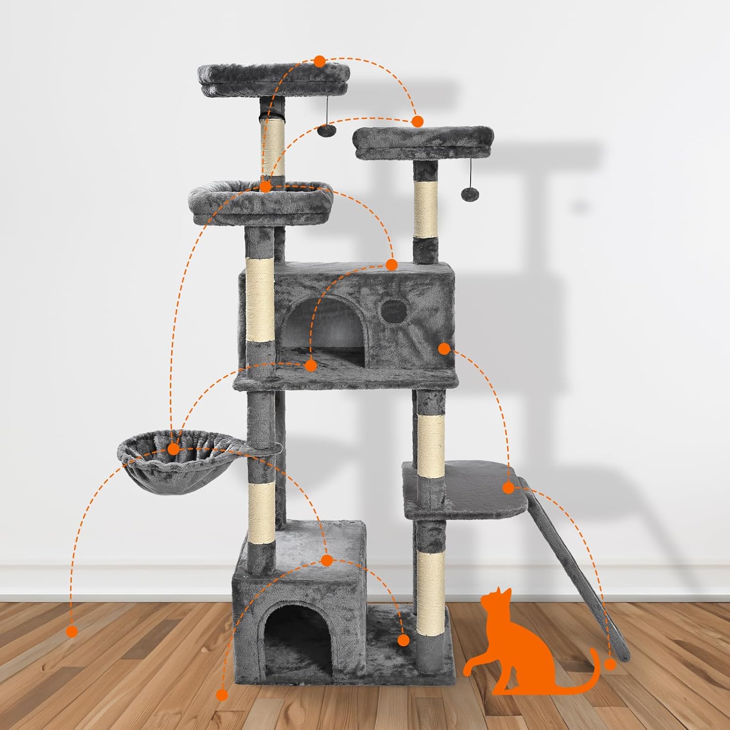 Amazon Basics Large Cat Tree Tower, Multi-Level Activity Center with 2 Large Condos, Multiple Sisal Scratching Posts and Hanging Pompoms, Gray, 68 Inches - Happypetzone.online - Image 2