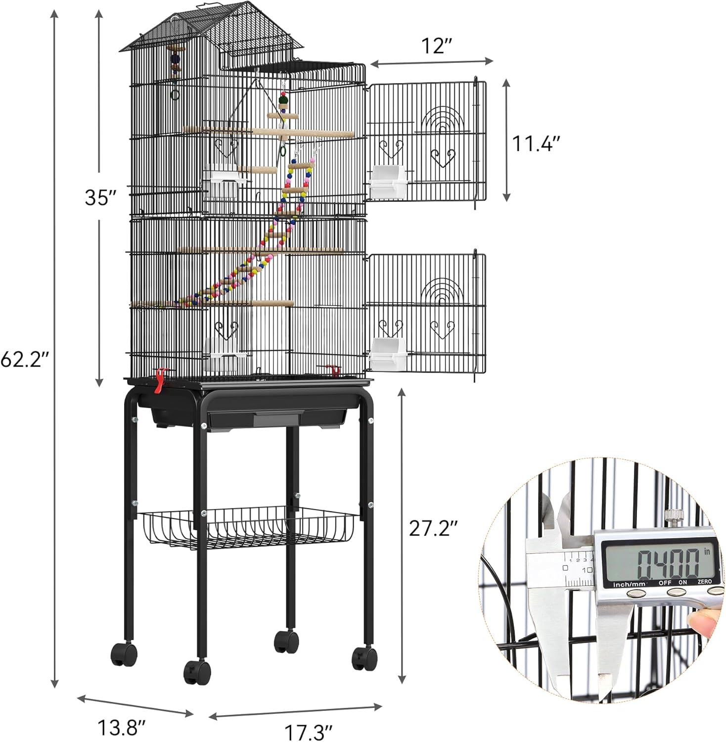 YITAHOME 62 Inch Large Bird Cage - Metal Flight Cage with Rolling Stand, Feeding Doors & Hanging Accessories for Parrots Cockatiels Conures Lovebirds Parakeets Small Birds - Happypetzone.online - Image 2