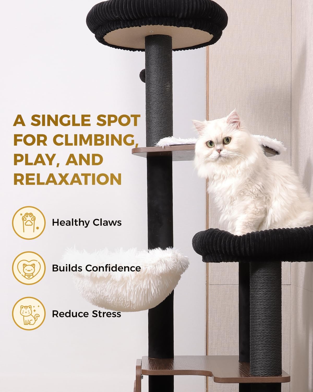 63" Modern Cat Tree Tower for Indoor Cats, Heavy Duty Cat Trees for Large Cat, Adult Maine Coon Cat Tree Tower with Scratching Post, Extra Large Top Perch, Cat Condos (Black) - Happypetzone.online - Image 4