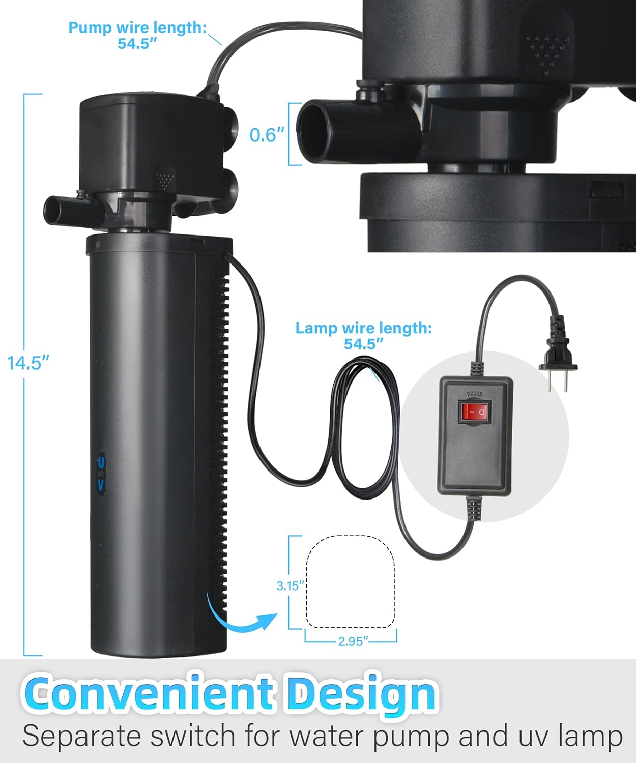 Aquarium Filter U-Very Suitable for 75-300 Gallon Tank, 500GPH Fish Tank Filters for Green Control, Internal Submersible Pump for Turtle Tank, Small Pond, Pool Filter, Cold Plunge Ice Bath Hot Tub - Happypetzone.online - Image 4