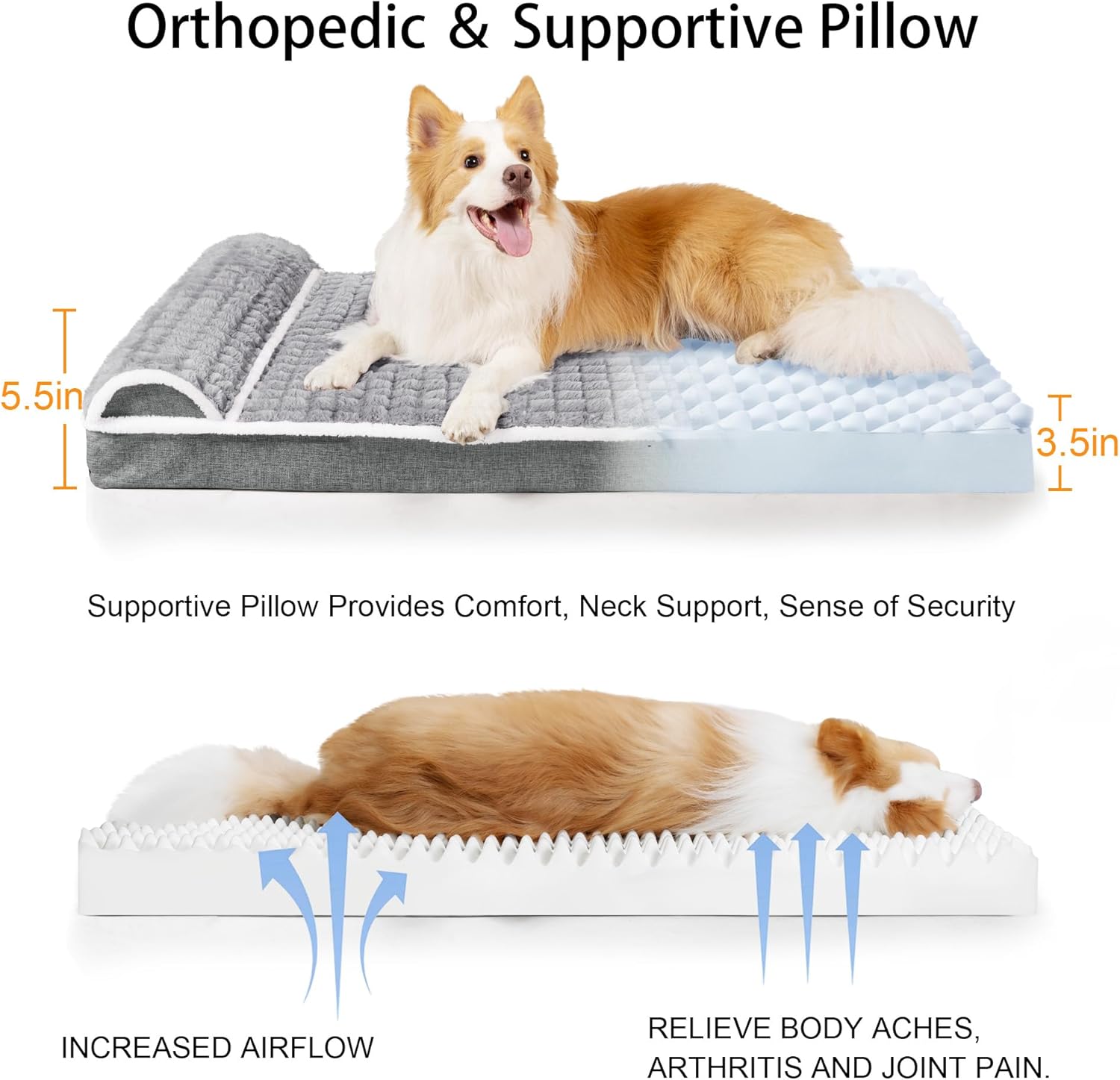 Orthopedic Dog Bed Large Sized Dog with Pillow 36''X24'', Waterproof Soft Comfortable Egg Crate Foam Pet Crate Beds Mat with Removable Washable Cover and Non-Slip Bottom, Grey - Happypetzone.online - Image 6