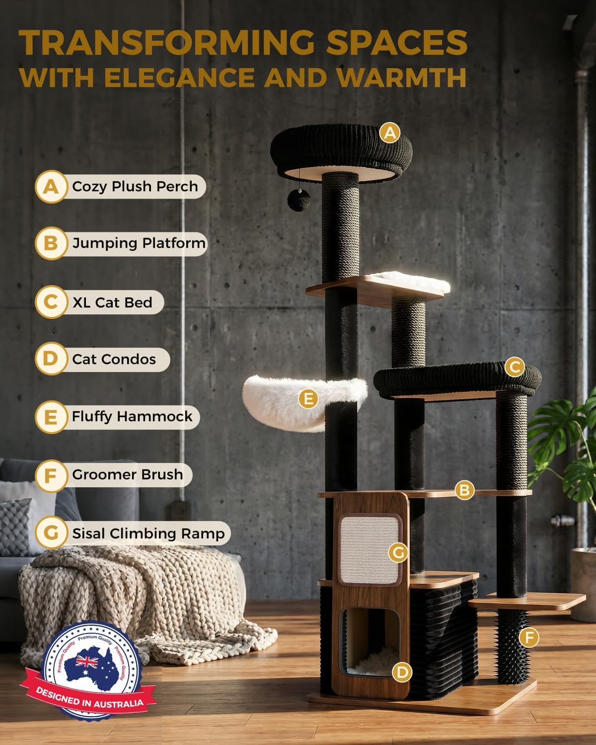 63" Modern Cat Tree Tower for Indoor Cats, Heavy Duty Cat Trees for Large Cat, Adult Maine Coon Cat Tree Tower with Scratching Post, Extra Large Top Perch, Cat Condos (Black) - Happypetzone.online - Image 3