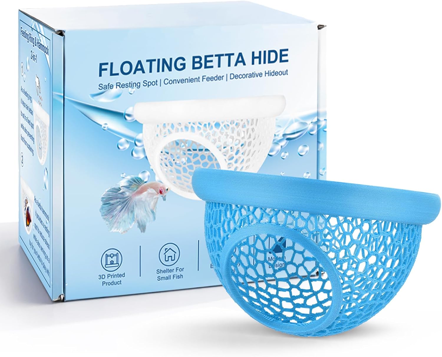 Blue Floating Betta Hide & Shrimp Cave: 3-in-1 Aquarium Hammock, Feeder & Resting Spot for Betta Fish, Shrimp & Small Fish | Eco-Safe PLA - Happypetzone.online - Image 2