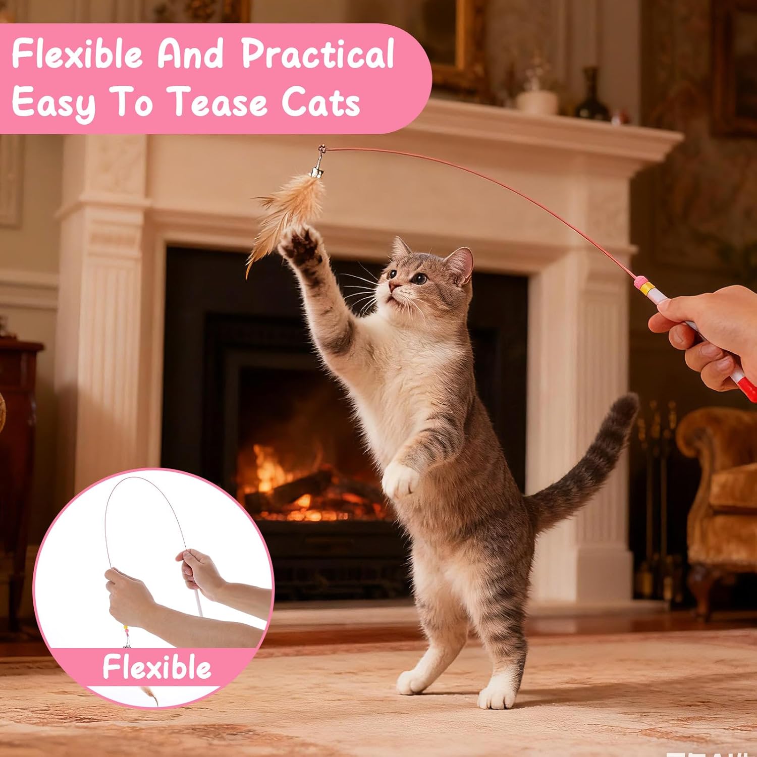 4 Pcs Cat Feather Toys, Cat Feather Wand Toy with Bell Beads Interactive Cats Toys Wand Teaser Wire Wands for Cats Chase Exercise Play - Happypetzone.online - Image 6