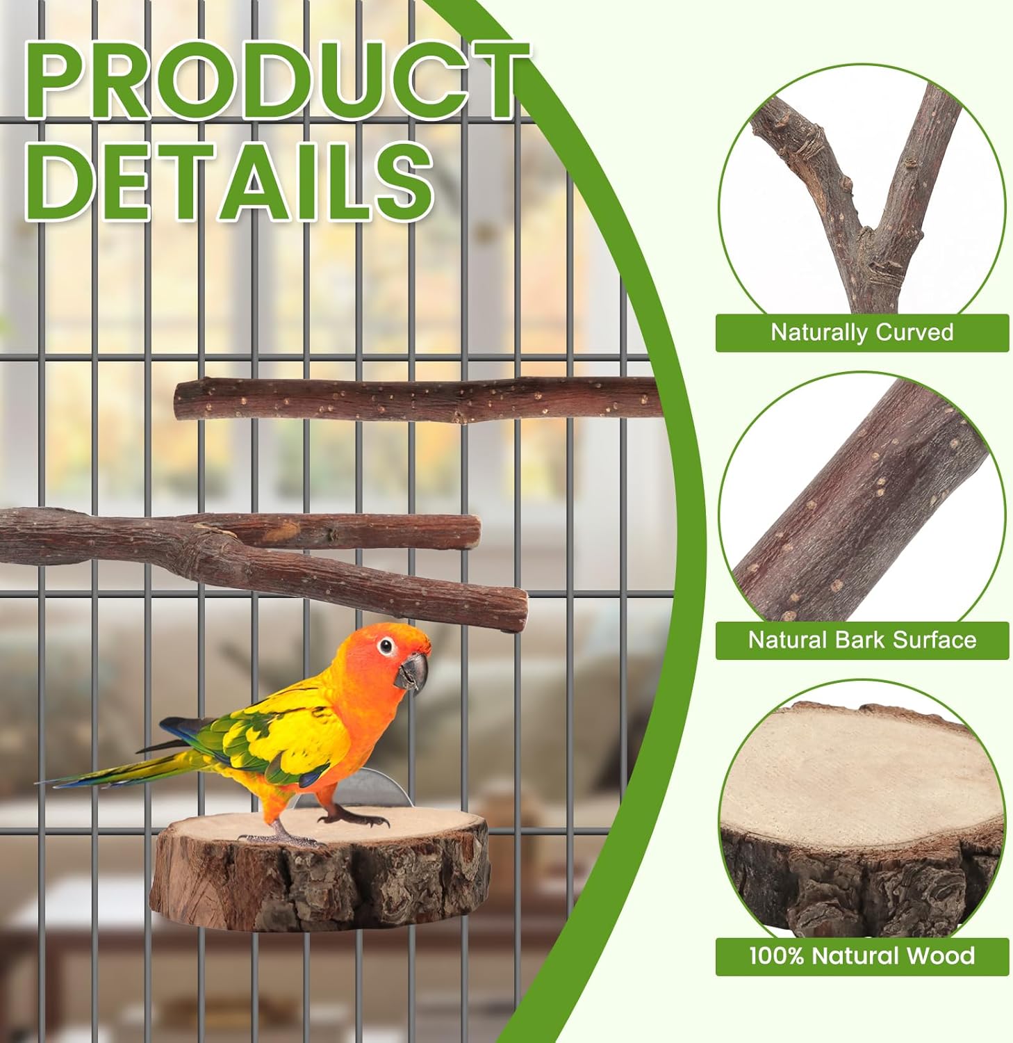 BILLIOTEAM 9PCS Apple Wood Bird Perches, Natural Parrot Stand & Chewing Toy with Multi-Branch, Straight Perch Stand, Platform & Climbing Rope, Cage Accessories for Parakeets, Cockatiels, Budgies - Happypetzone.online - Image 3