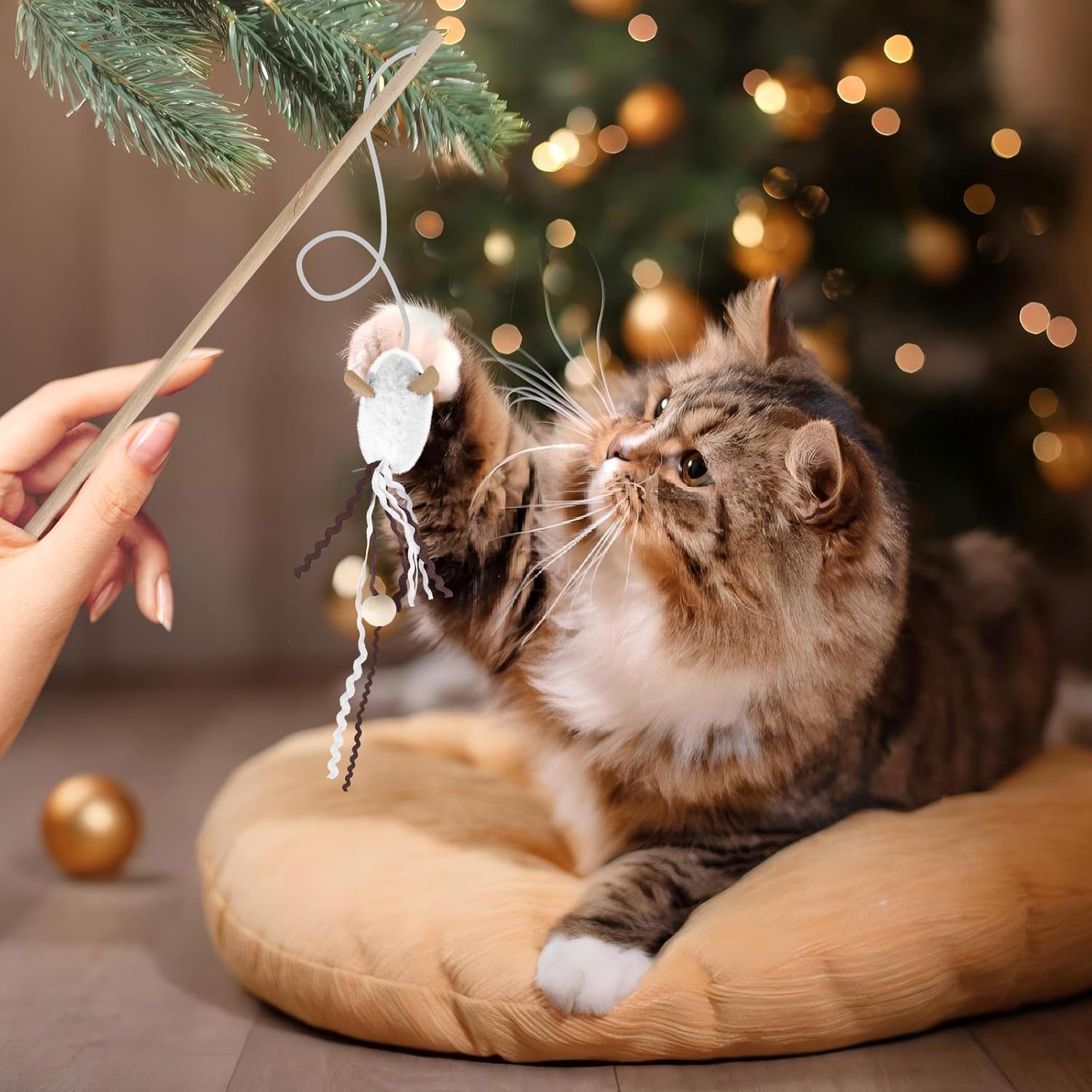 NOWFRESH Cat Wand Toy Set, 2 PCS Interactive Cat Teaser Wands with Cute Bee & Mouse Designs, Equipped with Bells and Streamers to Captivate Your Cat’s Attention - Happypetzone.online - Image 6