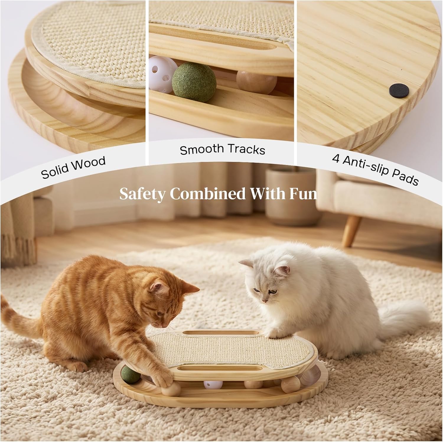 ZOMISIA Cat Scratcher with Ball Track Toy, Sisal Scratch Pad for Indoor Adult Cats, Wooden Interactive Cat Puzzle Toys for Kitten Mental Stimulation Self Play Home Enrichment - Happypetzone.online - Image 5