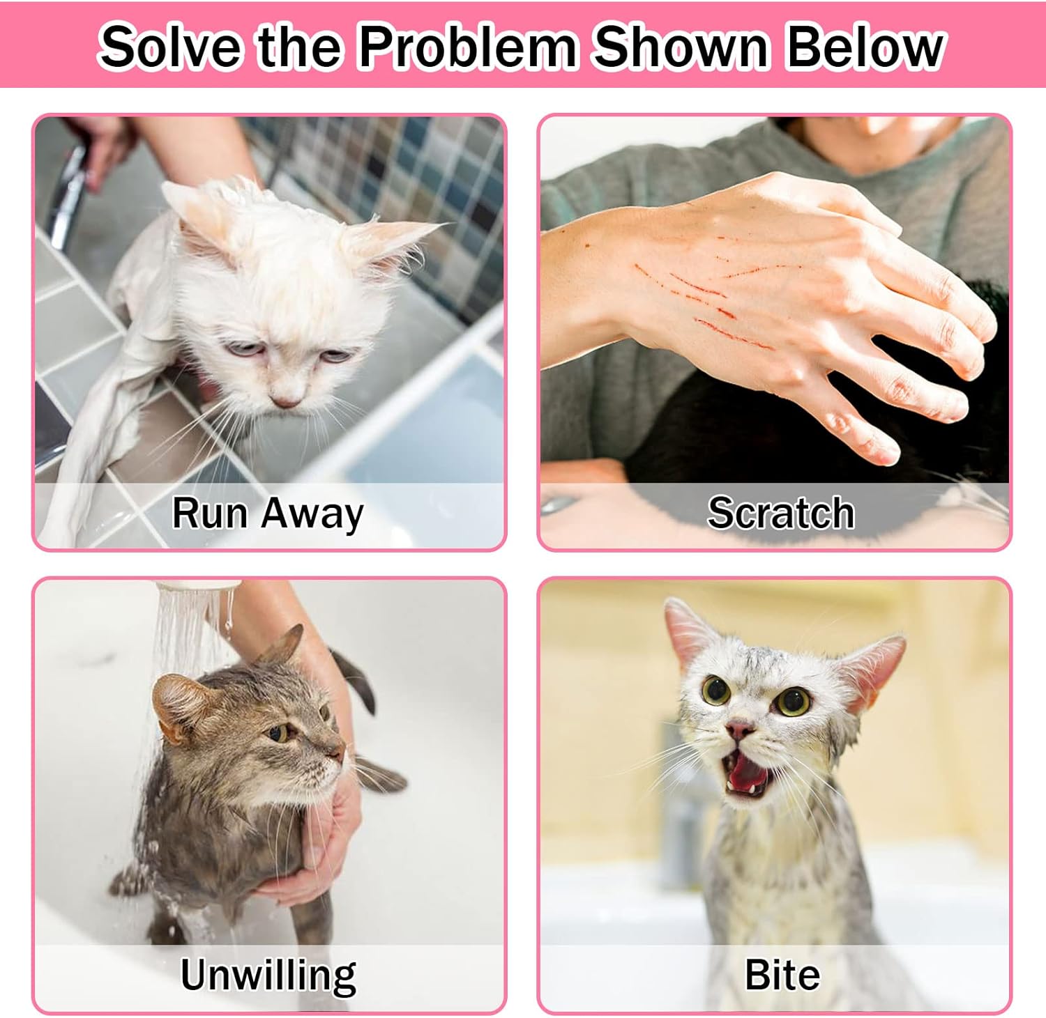 JULMELON Cat Washing Bag 10 PCS Set, Adjustable Cat Shower Net Bag and Pet Grooming Brush with Nail Clipper Nail File Hair Combs Tick Tool Nail Caps for Bathing Nail Trimming Examination(Pink+Grey) - Happypetzone.online - Image 5