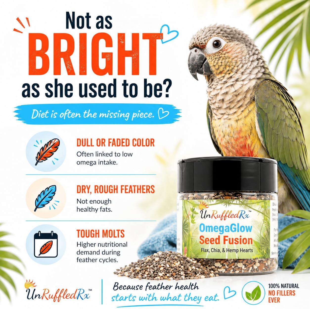 UnRuffledRx™ OmegaGlow for Birds – Raw, Natural Seed Blend for Feather Growth & Molting Support – Skin & Immune Health with Chia, Flax & Hemp Seeds – Helps Reduce Plucking – 2 oz Shaker Jar - Happypetzone.online - Image 3