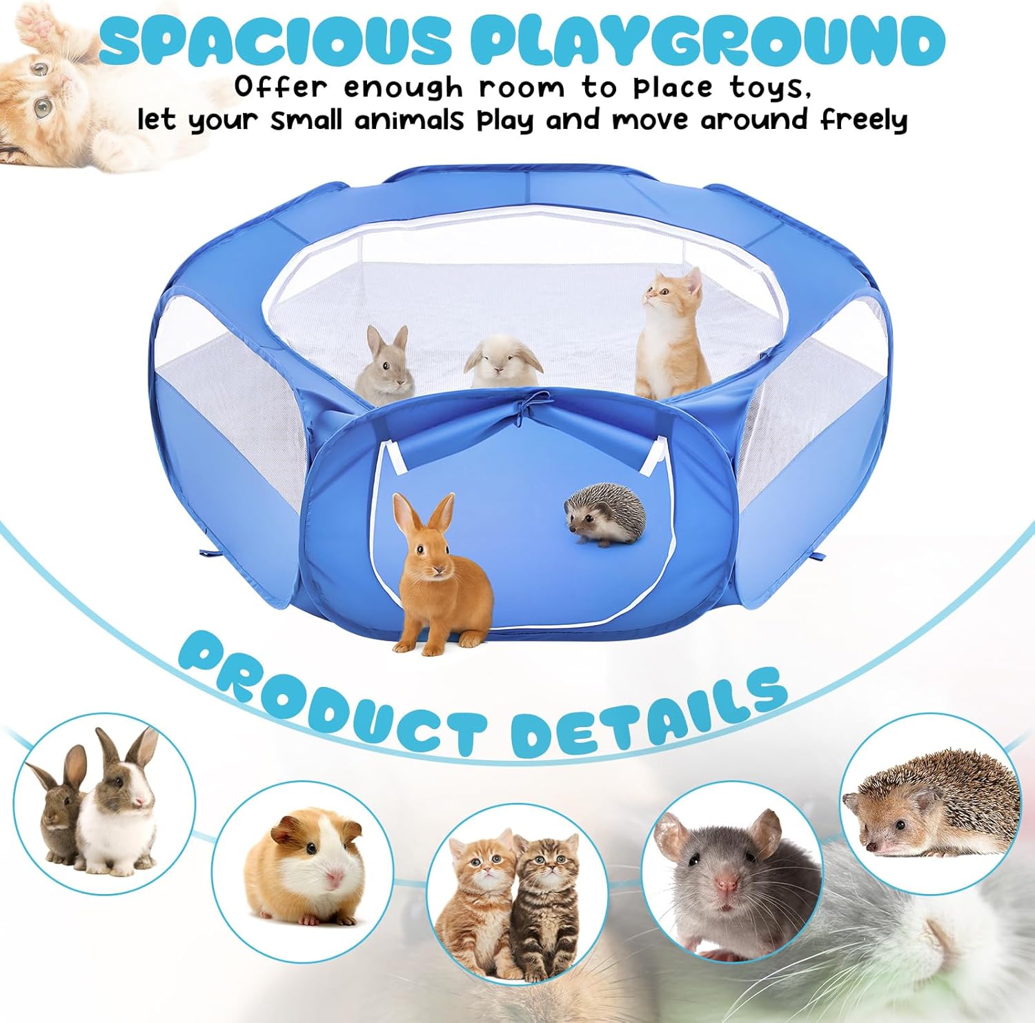 Small Animal Playpen & Grooming Kit, Portable Foldable Pet Playpen with Mesh Top for Rabbits, Guinea Pigs, Hamsters, Hedgehogs, Includes Feeding Bowls, Grooming Tools, and Bedding Mat, Blue - Happypetzone.online - Image 7